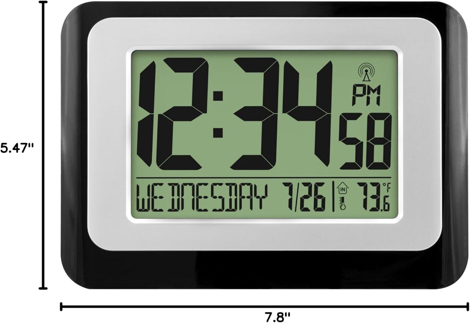 Black and Silver Digital Atomic Wall Clock with Temperature Display