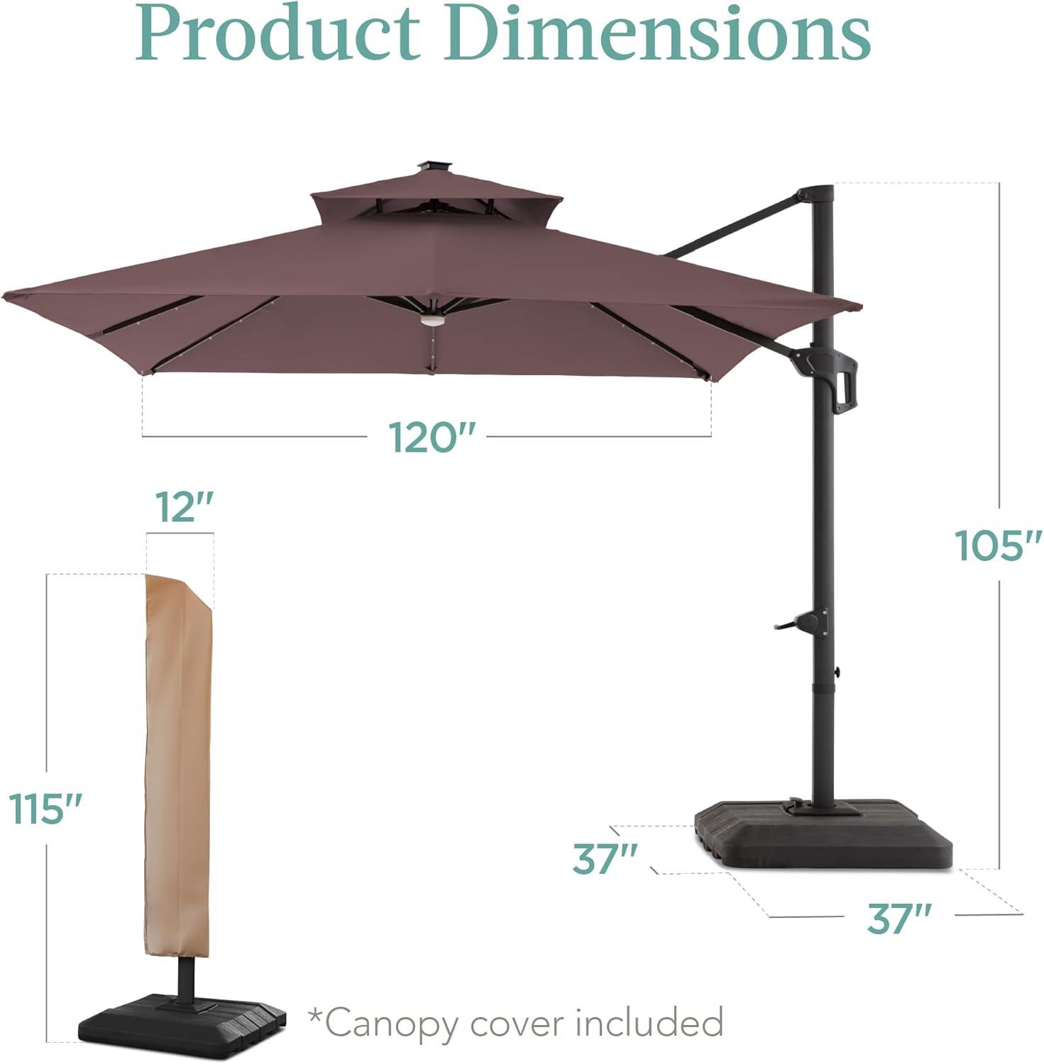 Best Choice Products 10x10ft 2-Tier Square Outdoor Solar LED Cantilever Patio Umbrella w/ Base Included- Deep Taupe