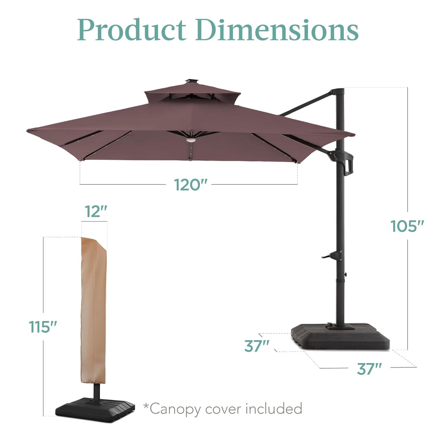 Best Choice Products 10x10ft 2-Tier Square Outdoor Solar LED Cantilever Patio Umbrella w/ Base Included- Deep Taupe