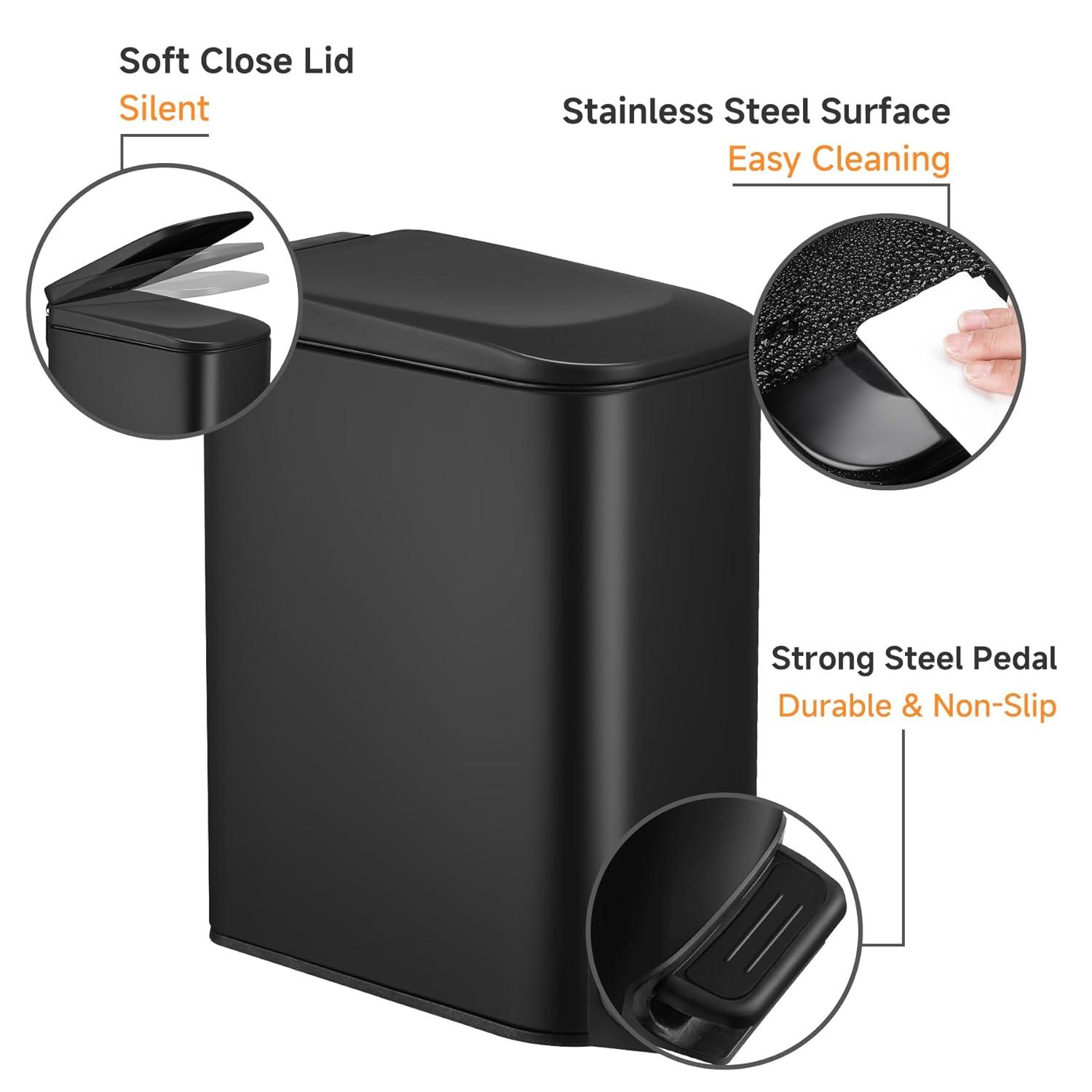 Slim Matte Black Stainless Steel Soft Close Trash Can