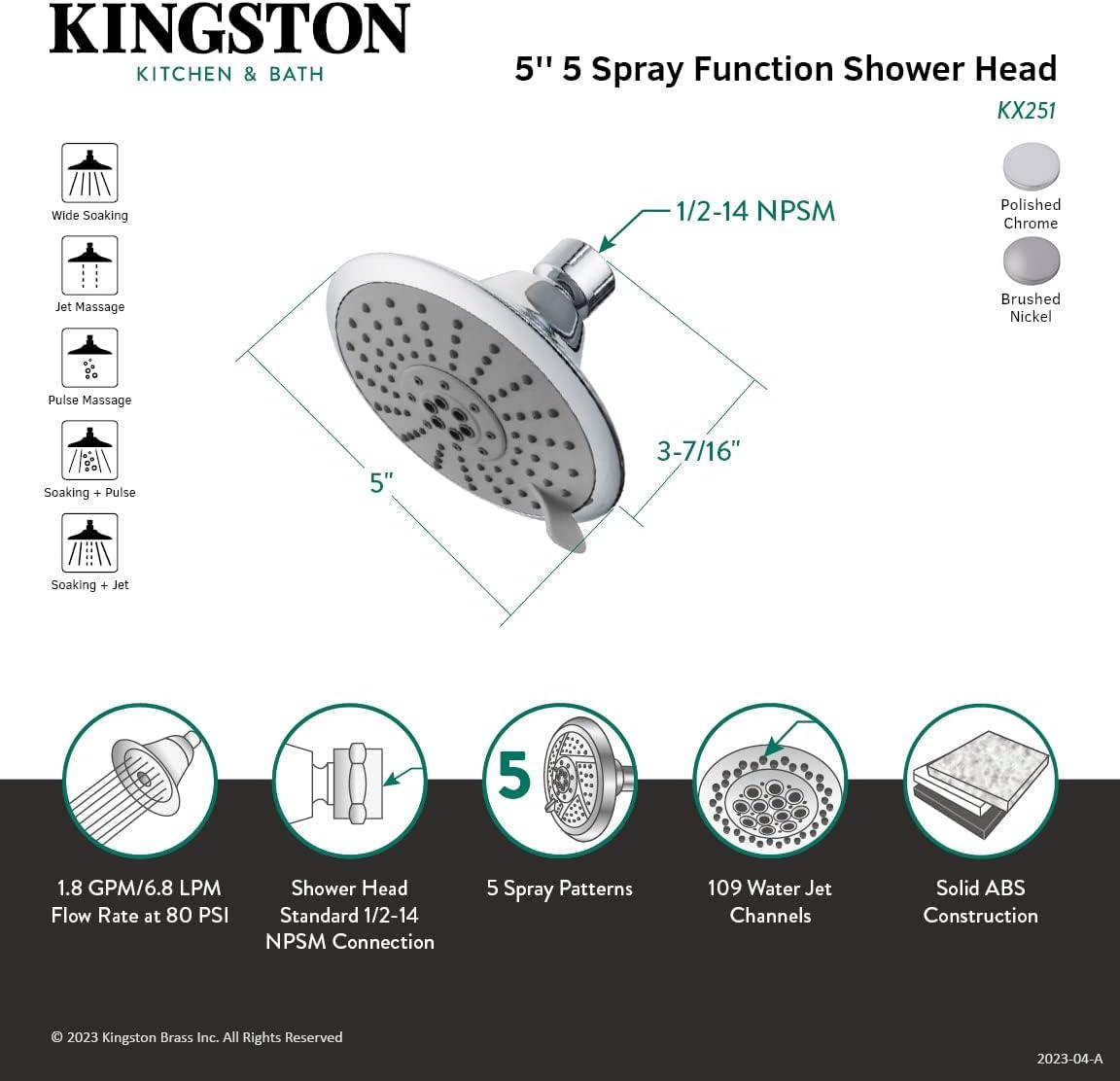 Kingston Brass Shower Scape 5-Inch Round 5-Function ABS Shower Head