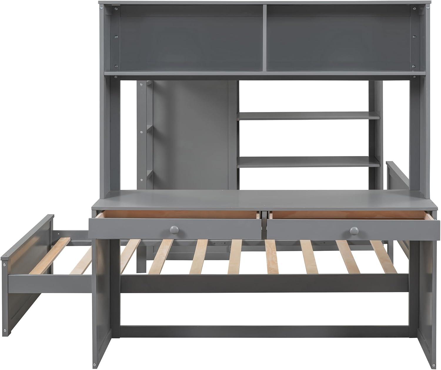 Full Over Twin Bunk Bed with Desk, Wardrobe and Storage Shelves, Loft Bed with A Stand-Alone Bed, Wooden Loft Bed Frame with Safety Guardrails & Slats Support, Bottom Bed Can Be Moved, Gray