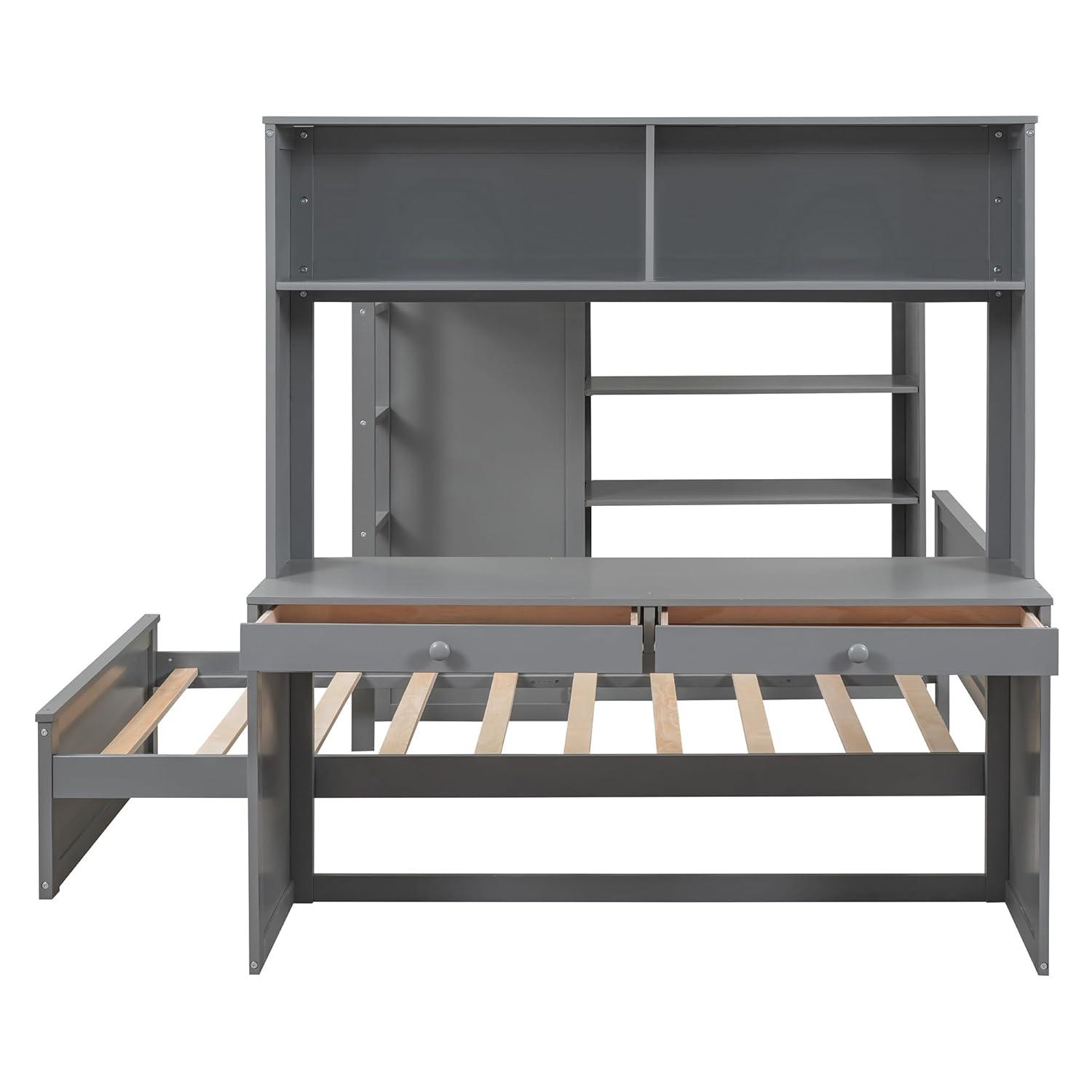 Full Over Twin Bunk Bed with Desk, Wardrobe and Storage Shelves, Loft Bed with A Stand-Alone Bed, Wooden Loft Bed Frame with Safety Guardrails & Slats Support, Bottom Bed Can Be Moved, Gray