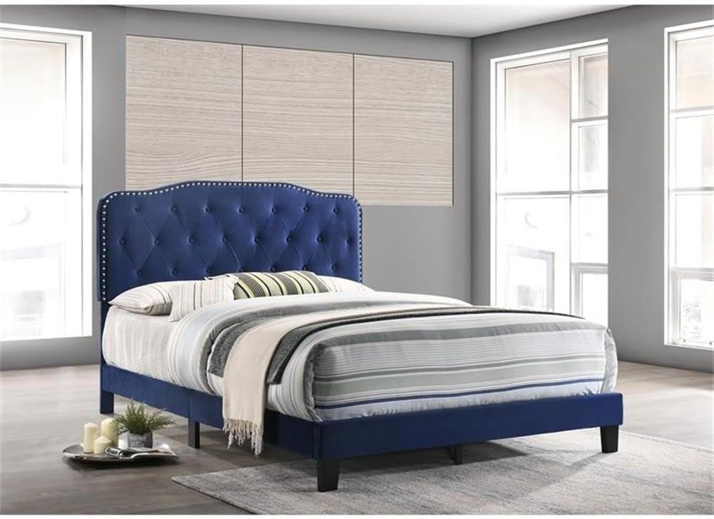 Navy Velvet Full/Double Bed with Silver Nailhead Trim and Tufted Headboard