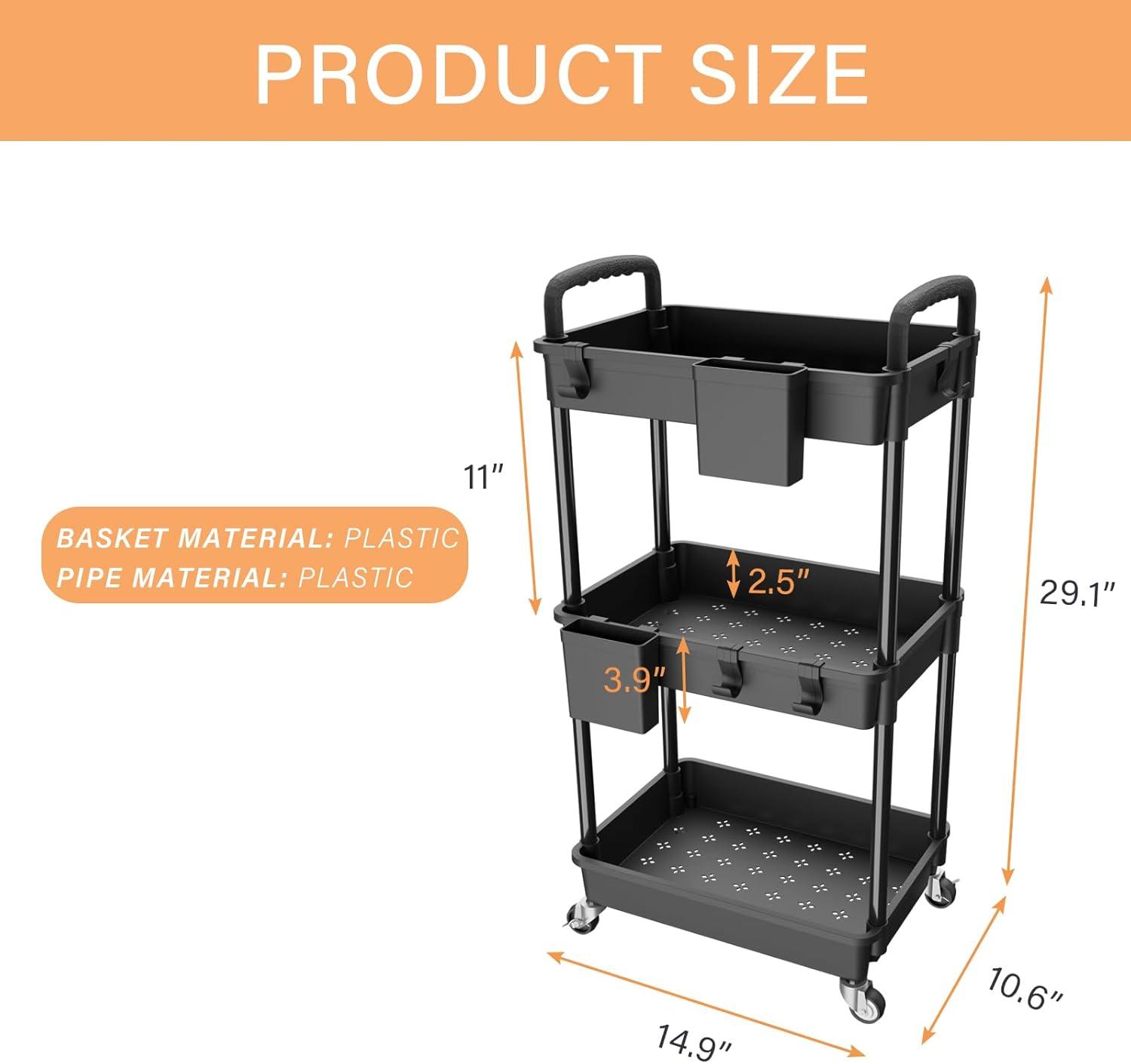 Black 3-Tier Rolling Utility Cart with Drawer and Handle