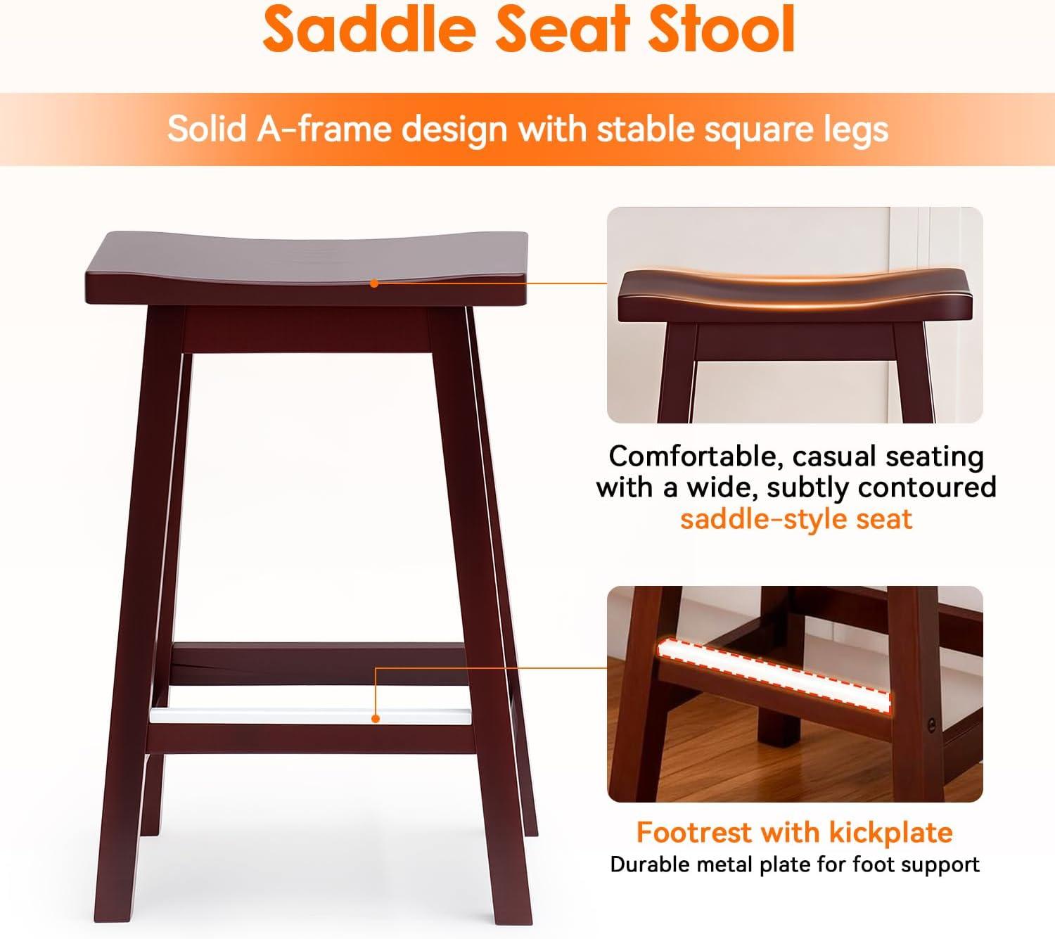 QuellQuest Bar Stools Set of 2 for Kitchen Counter Solid Wooden Saddle Stools 24-Inch/30-Inch Height (Brown, 24 in)