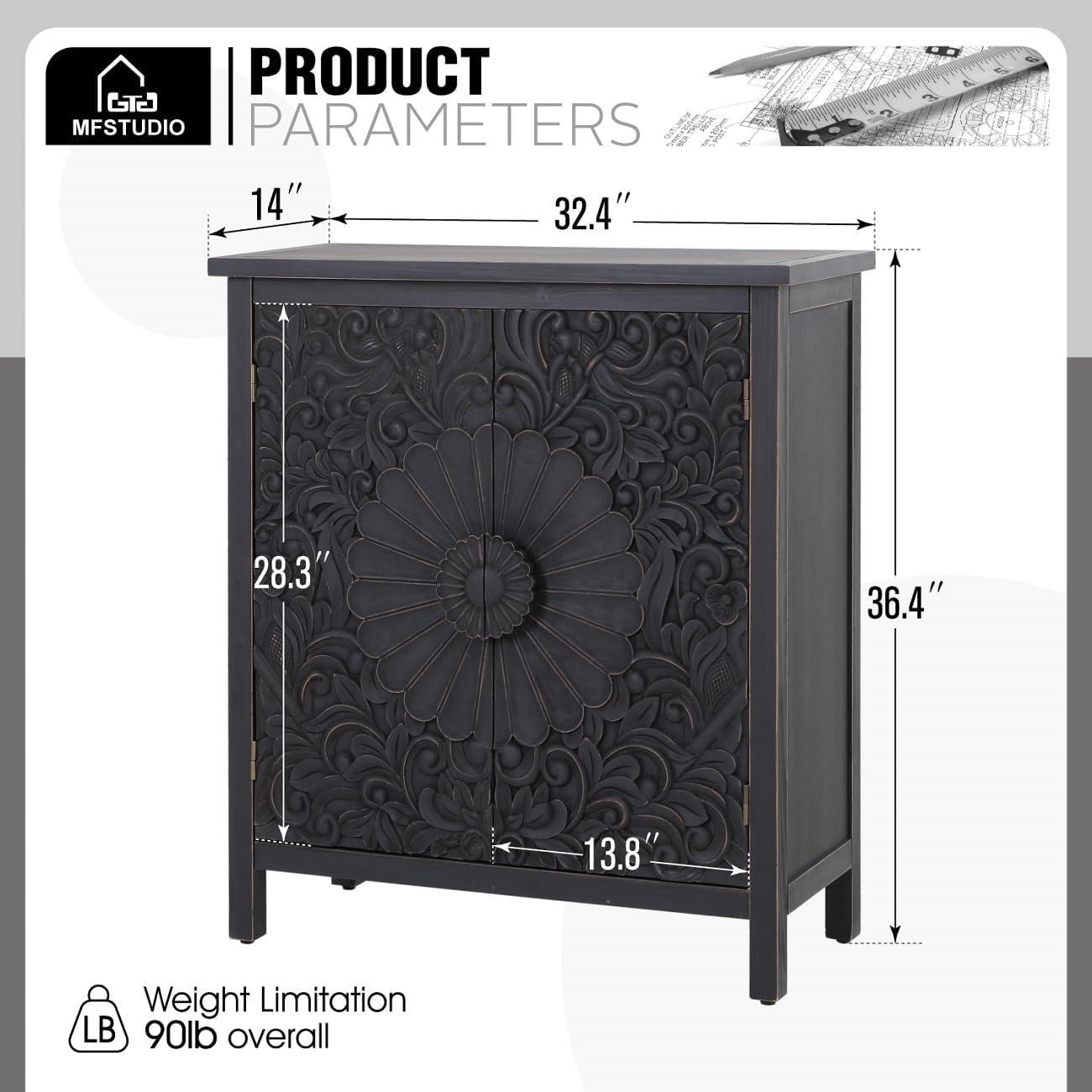 Black Carved Floral Pattern 2-Door Accent Cabinet