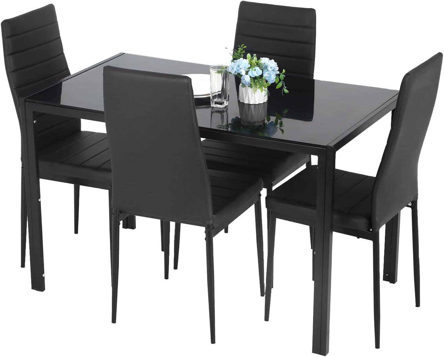 Black Glass Top Dining Table Set with Faux Leather Chairs