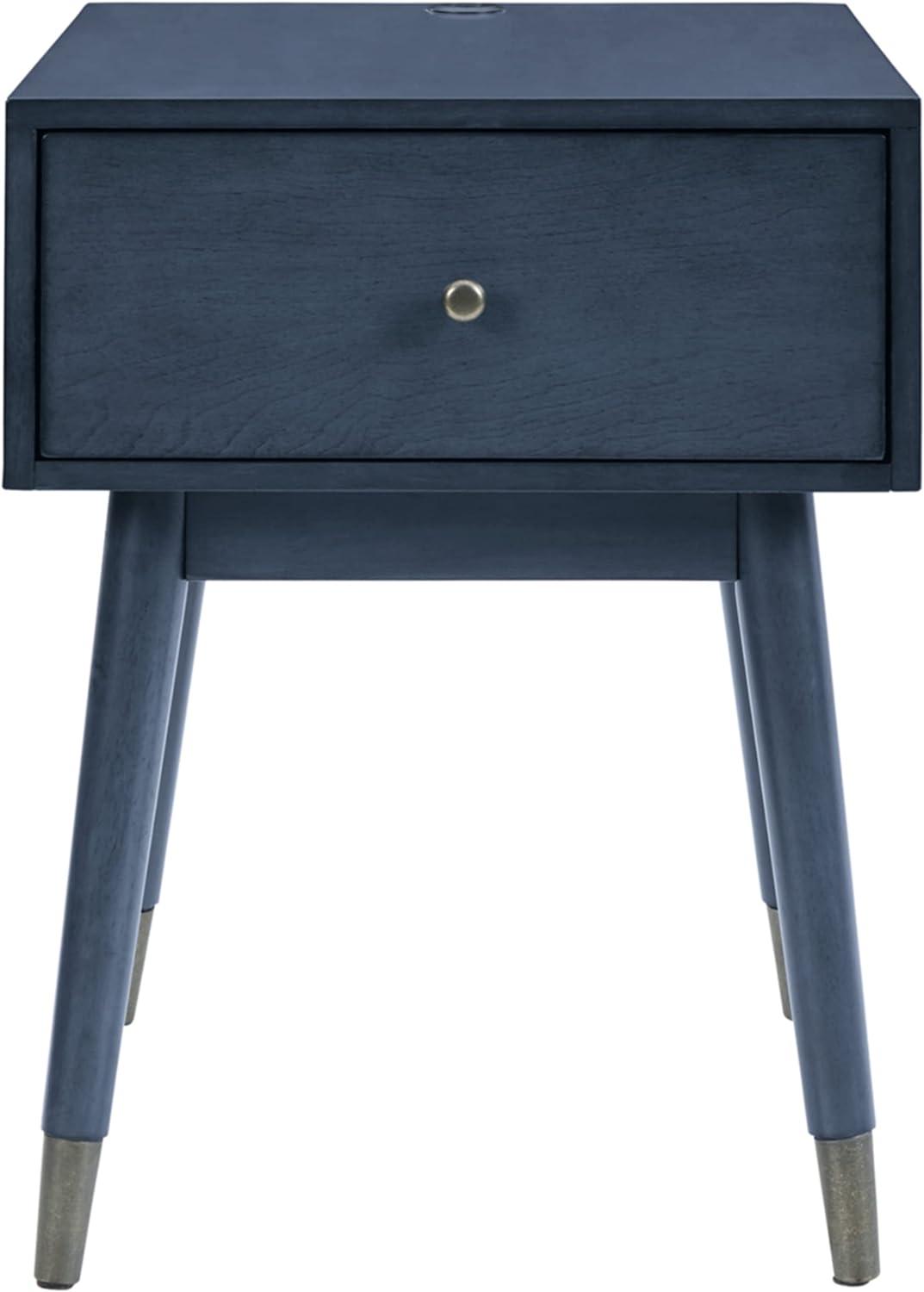 Transitional Blue Wood Accent Table with USB and Storage