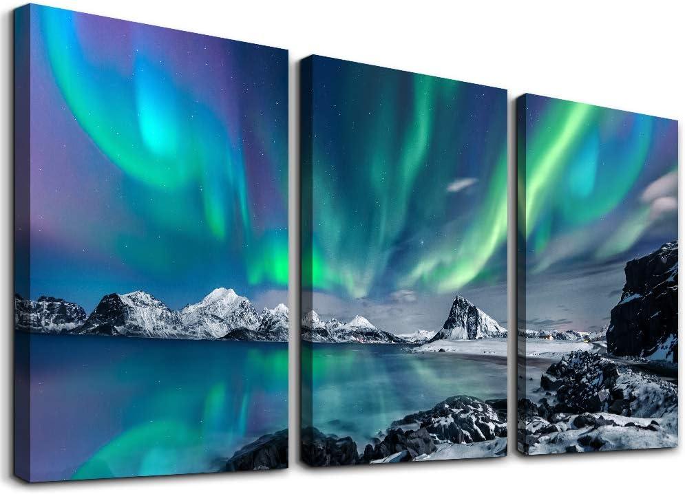 Farmhouse Canvas Wall Art For Bedroom Wall Decorations For Living Room Office Wall Decor Aurora Scenery Painting On Stretched And Framed Wall Pictures 3 Piece Ready To Hang For Bathroom Home Decor