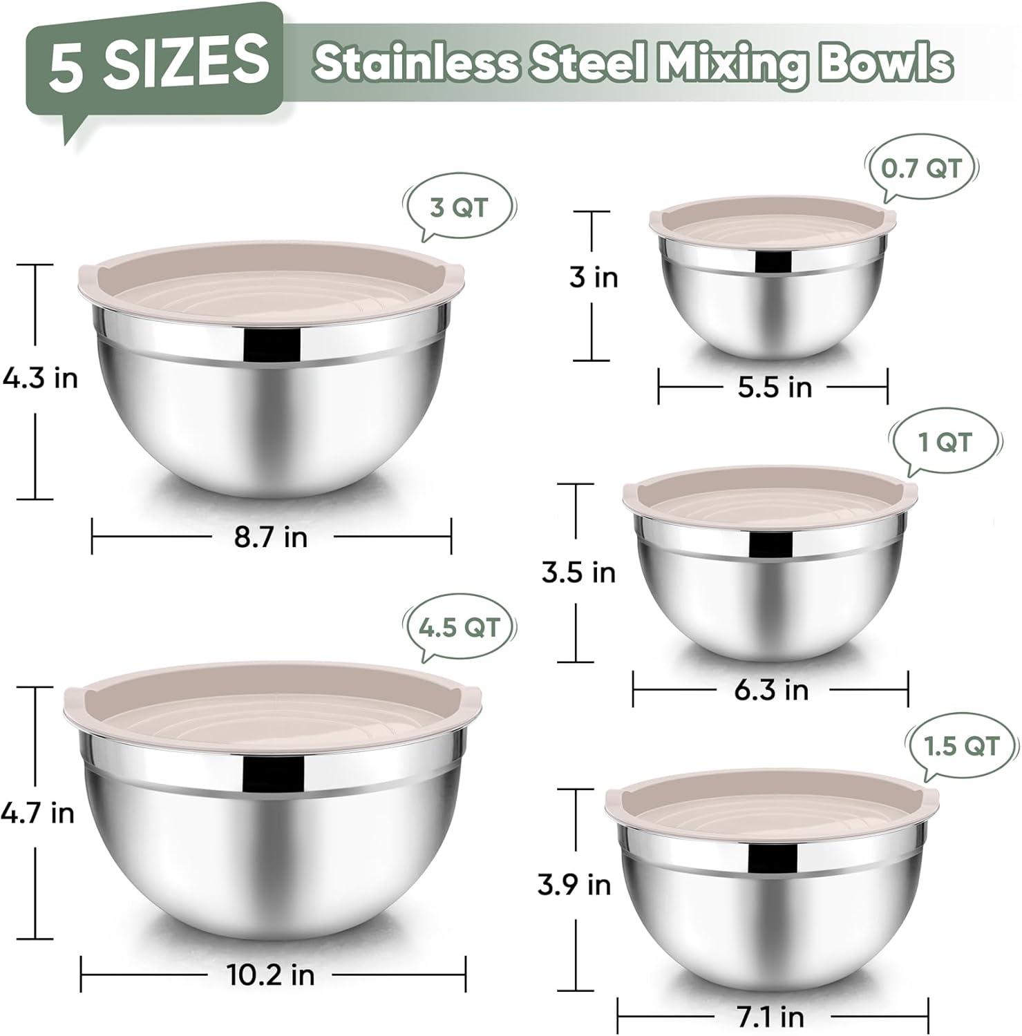 Toledo Bath & Kitchen Stainless Steel Mixing Bowls With Lids, 5-Pack Metal Nesting Bowls With Airtight Covers For Cooking, Baking, Serving, Storage, Non-Toxic & Dishwasher Safe, Size 4.6/3/1.5/1/0.7QT - Khaki