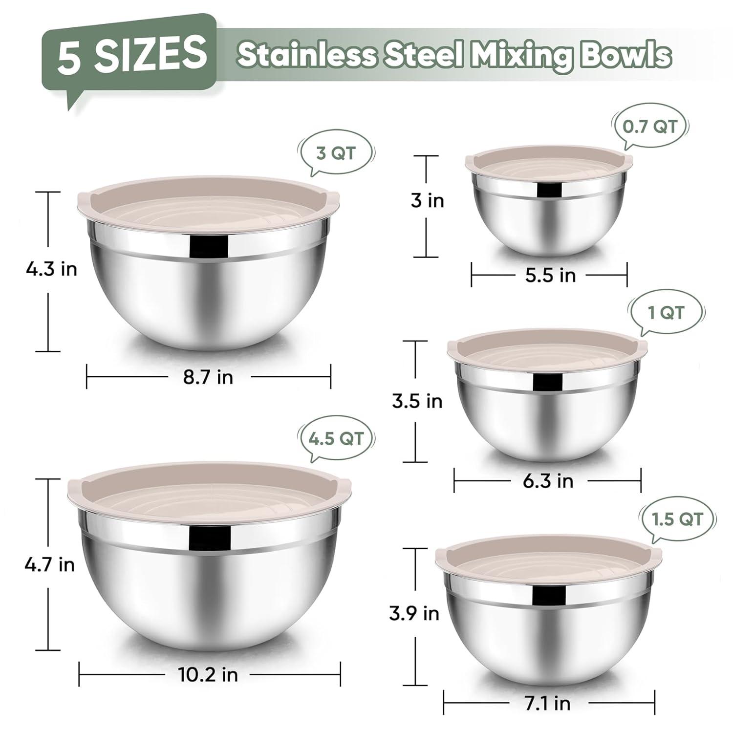 Toledo Bath & Kitchen Stainless Steel Mixing Bowls With Lids, 5-Pack Metal Nesting Bowls With Airtight Covers For Cooking, Baking, Serving, Storage, Non-Toxic & Dishwasher Safe, Size 4.6/3/1.5/1/0.7QT - Khaki