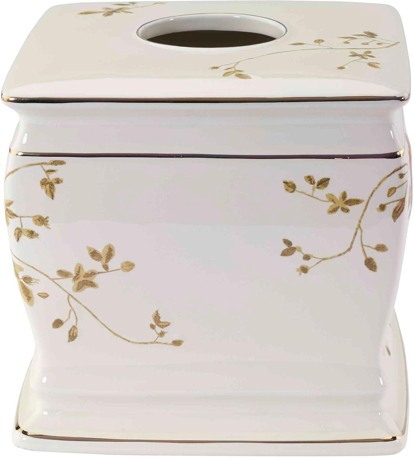 Ivory Ceramic Tissue Box Cover with Gold Trim and Bird Design