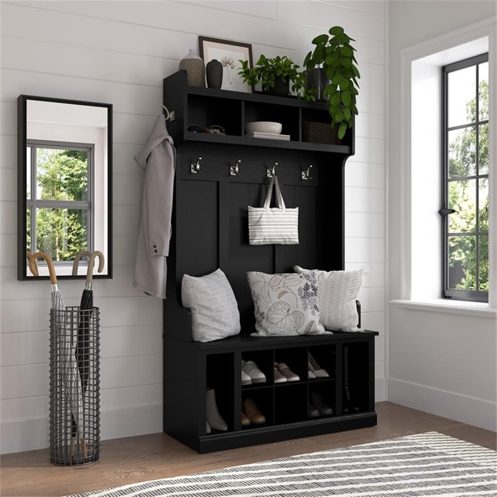 Bowery Hill 40" Engineered Wood Hall Tree and Shoe Bench w/ Shelves in Black Oak