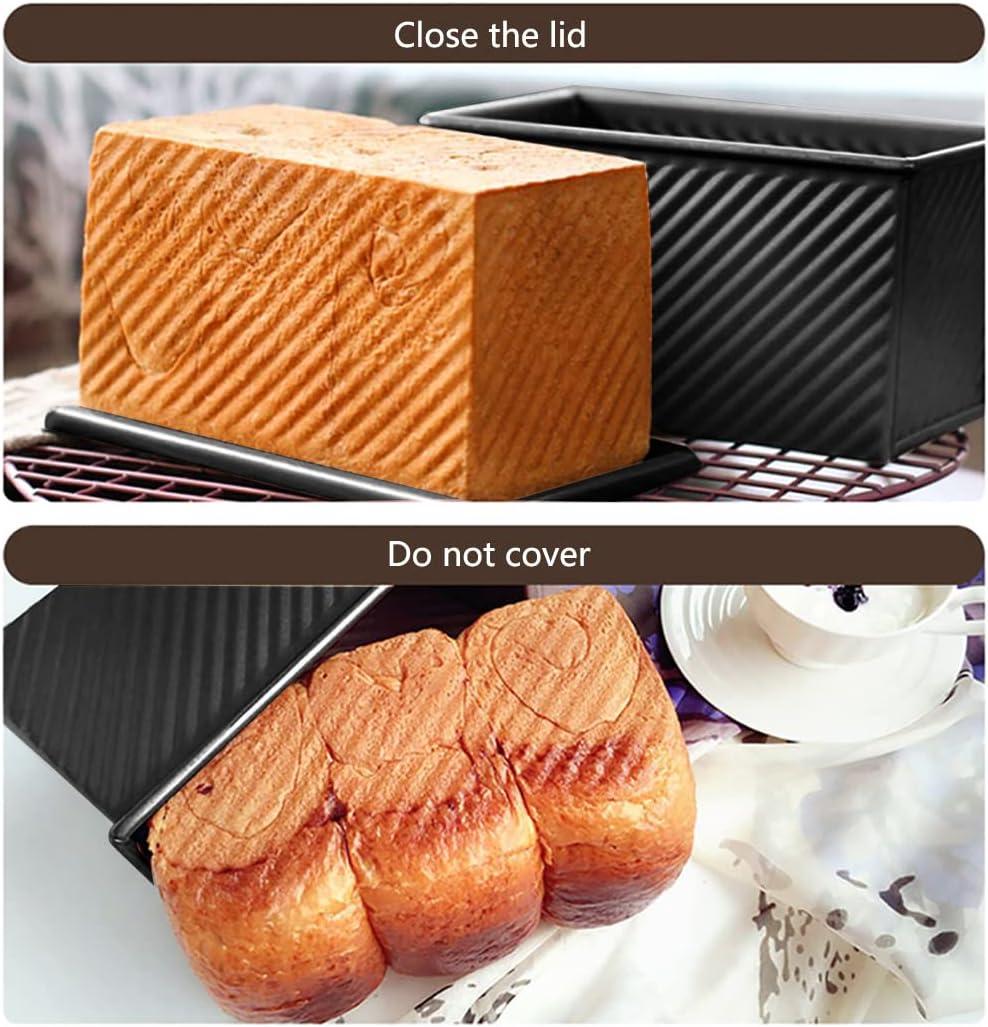 Black Pullman Loaf Pan with Lid, 1 lb Dough Capacity, Nonstick Bread Toast Mold with Cover, Carbon Steel Corrugated Bread Mould Bakeware