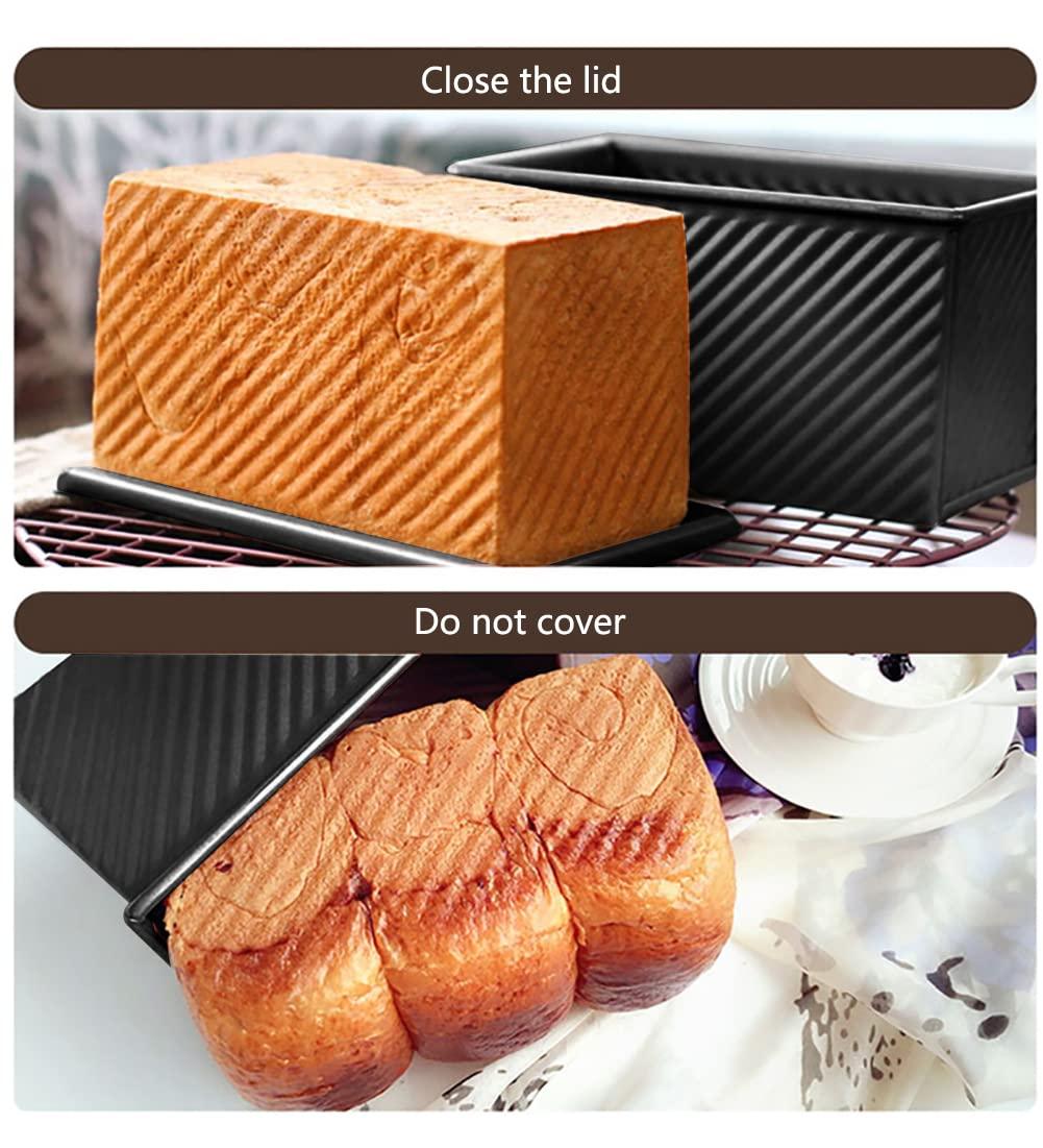 Black Pullman Loaf Pan with Lid, 1 lb Dough Capacity, Nonstick Bread Toast Mold with Cover, Carbon Steel Corrugated Bread Mould Bakeware