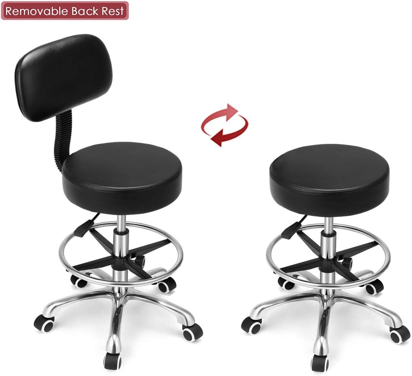 Kaleurrier Rolling Stool Salon Chair with Smooth-Rolling Wheels 360-degree Swivel Seat Heavy Duty Hydraulic Height Adjustable High Barber Cutting Stools (Black, with Backrest)