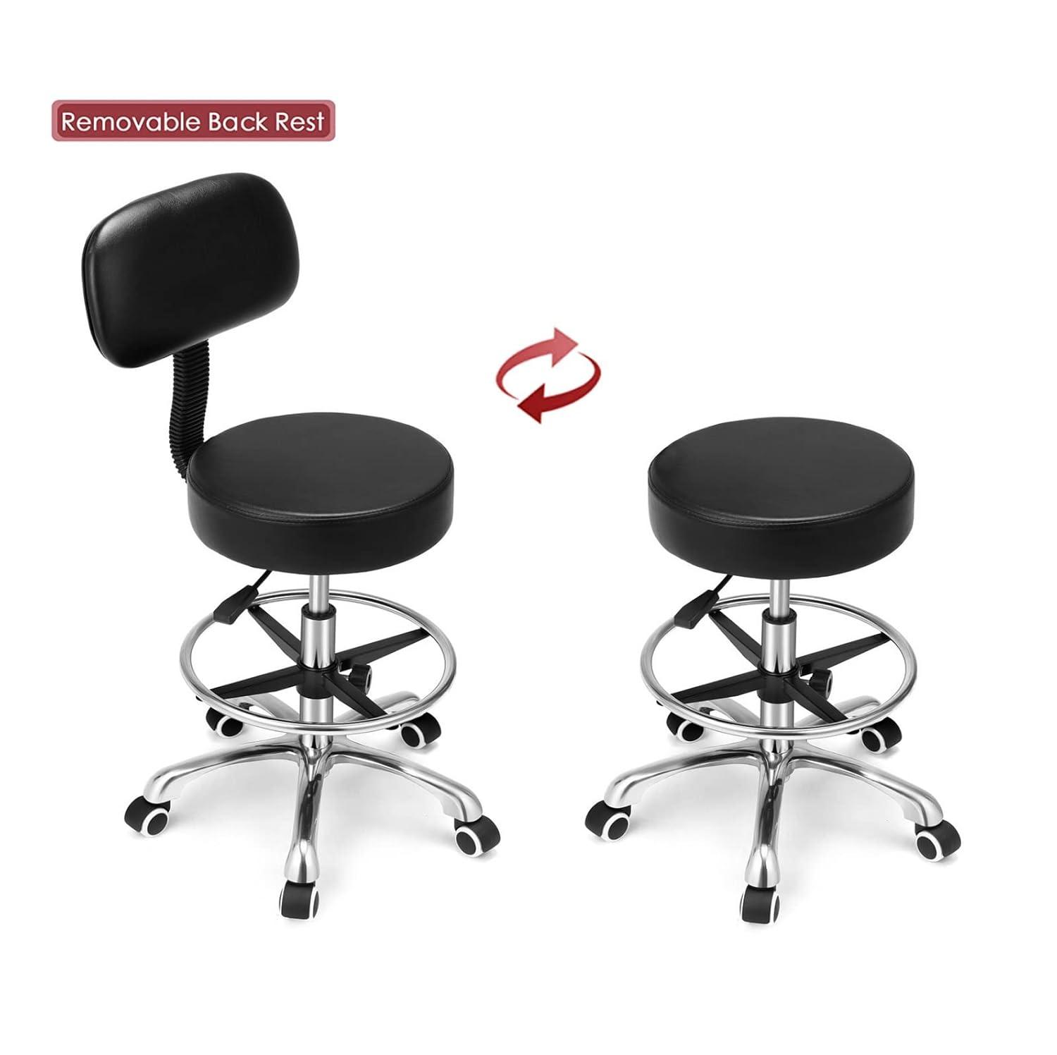 Kaleurrier Rolling Stool Salon Chair with Smooth-Rolling Wheels 360-degree Swivel Seat Heavy Duty Hydraulic Height Adjustable High Barber Cutting Stools (Black, with Backrest)