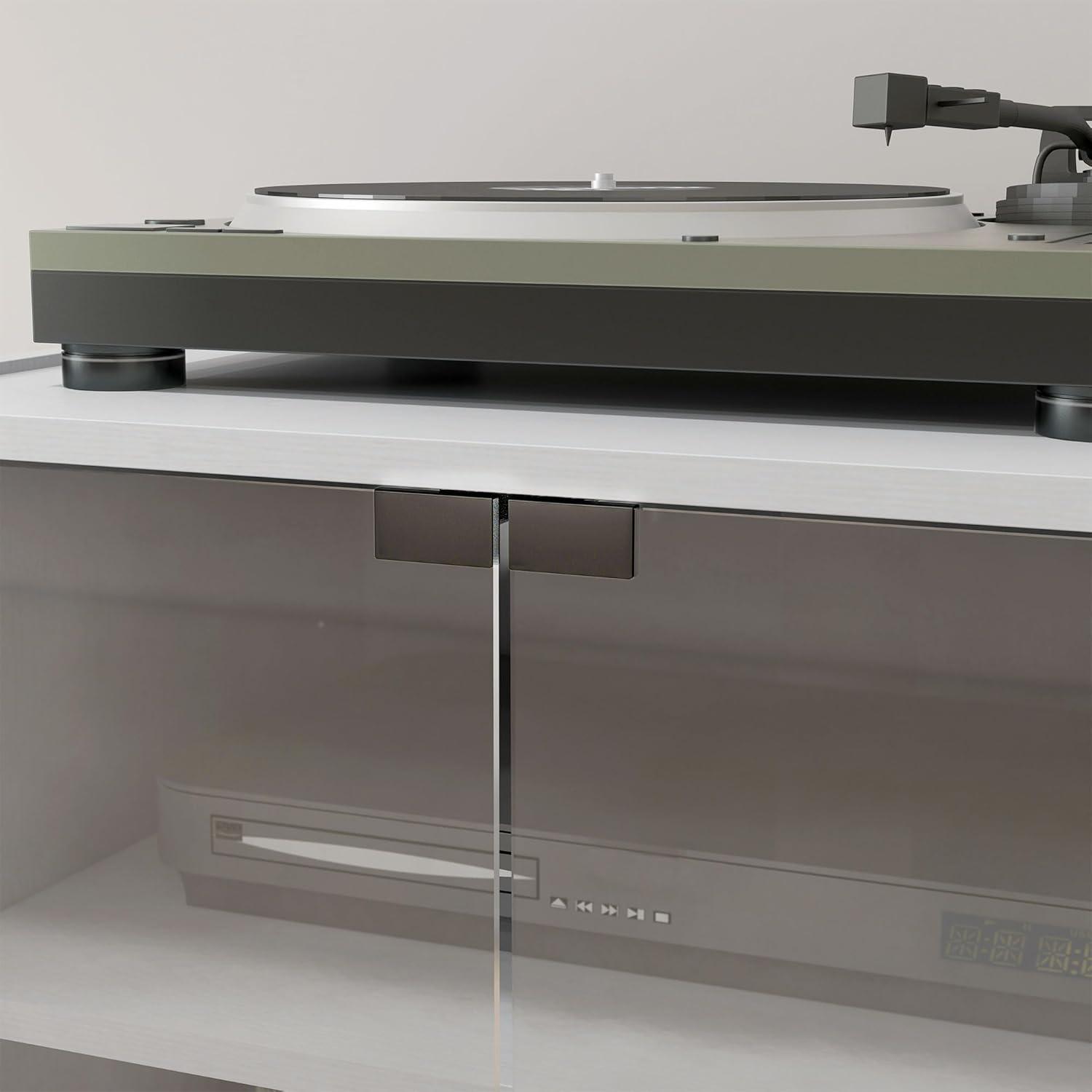 HOMCOM Media Cabinet, 4-Tier Stereo Cabinet, Record Player Stand with Vinyl Record Storage, Adjustable Shelves, Tempered Glass Doors and Cable Management, Distressed White