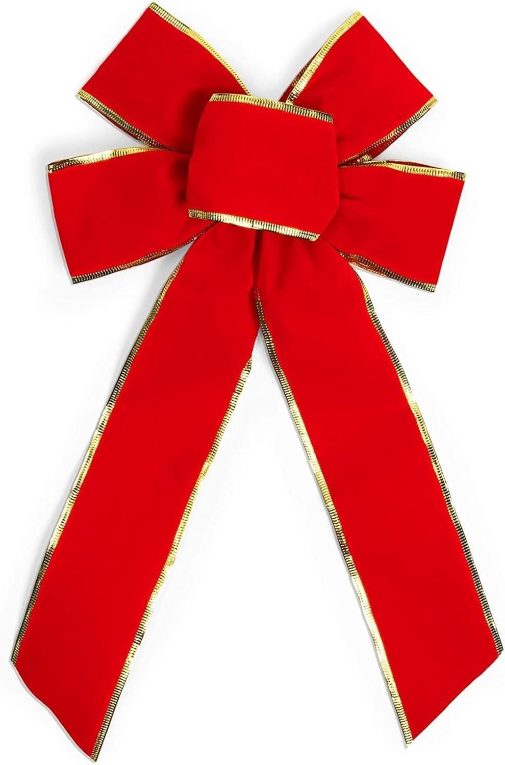 Festive Red Velvet Christmas Wreath Bows with Gold Trim, 10 Pack