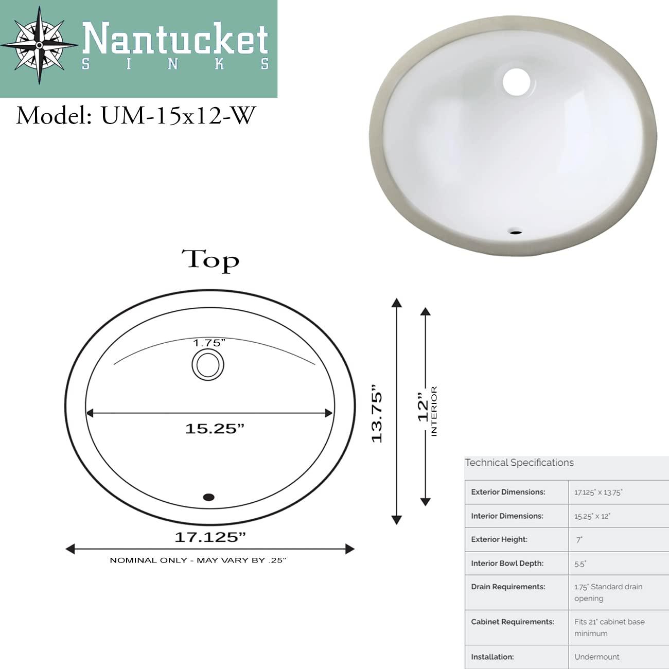 Nantucket Sinks Great Point 13.75'' Vitreous China Oval Bathroom Sink with Overflow