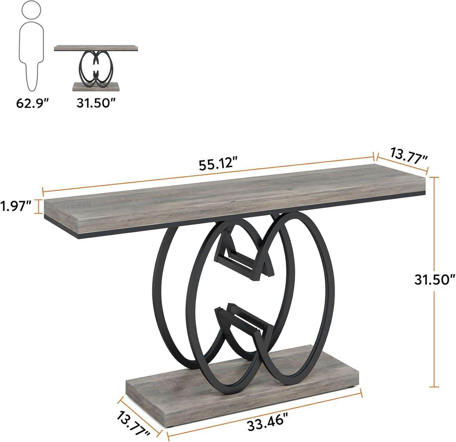 Gray Faux Marble and Black Metal Console Table with Geometric Base