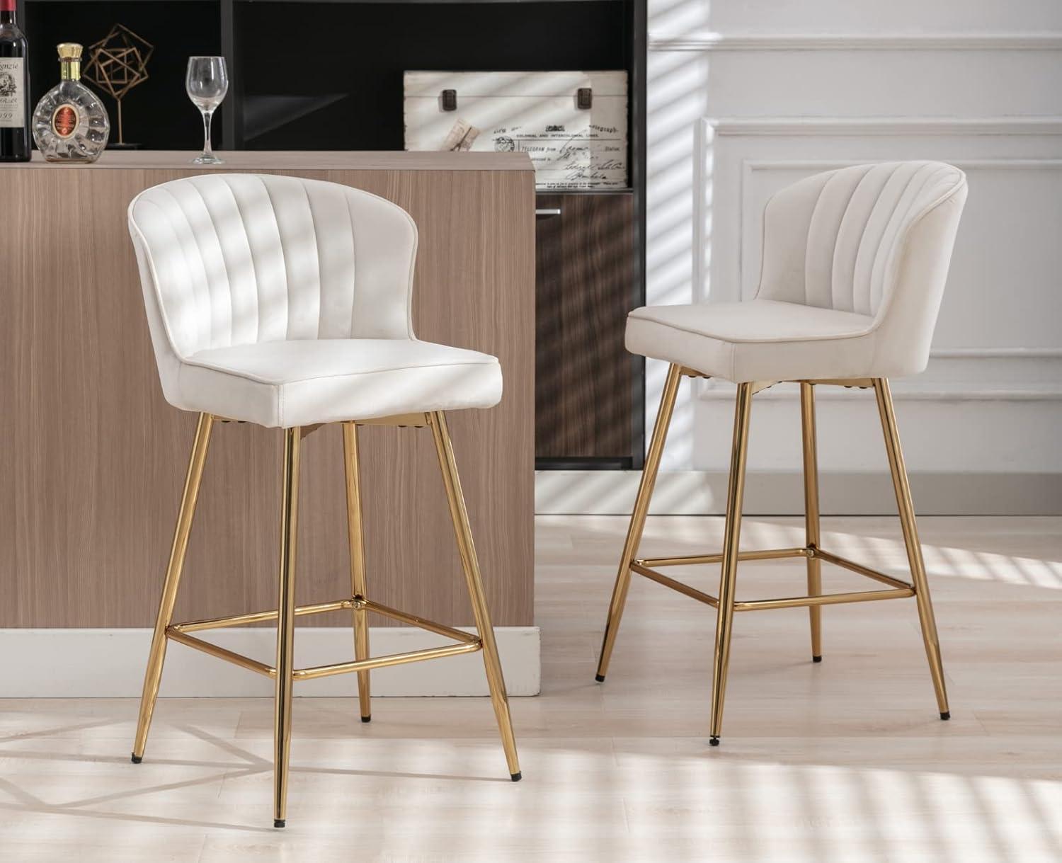 Counter Height Stools Set of 2, Velvet Bar Stools with 27 Inches Upholstered Seat Height, Handmade Woven Back Armrest, Sturdy Golden Metal Legs for Home Dining Pub Kitchen Island, Beige