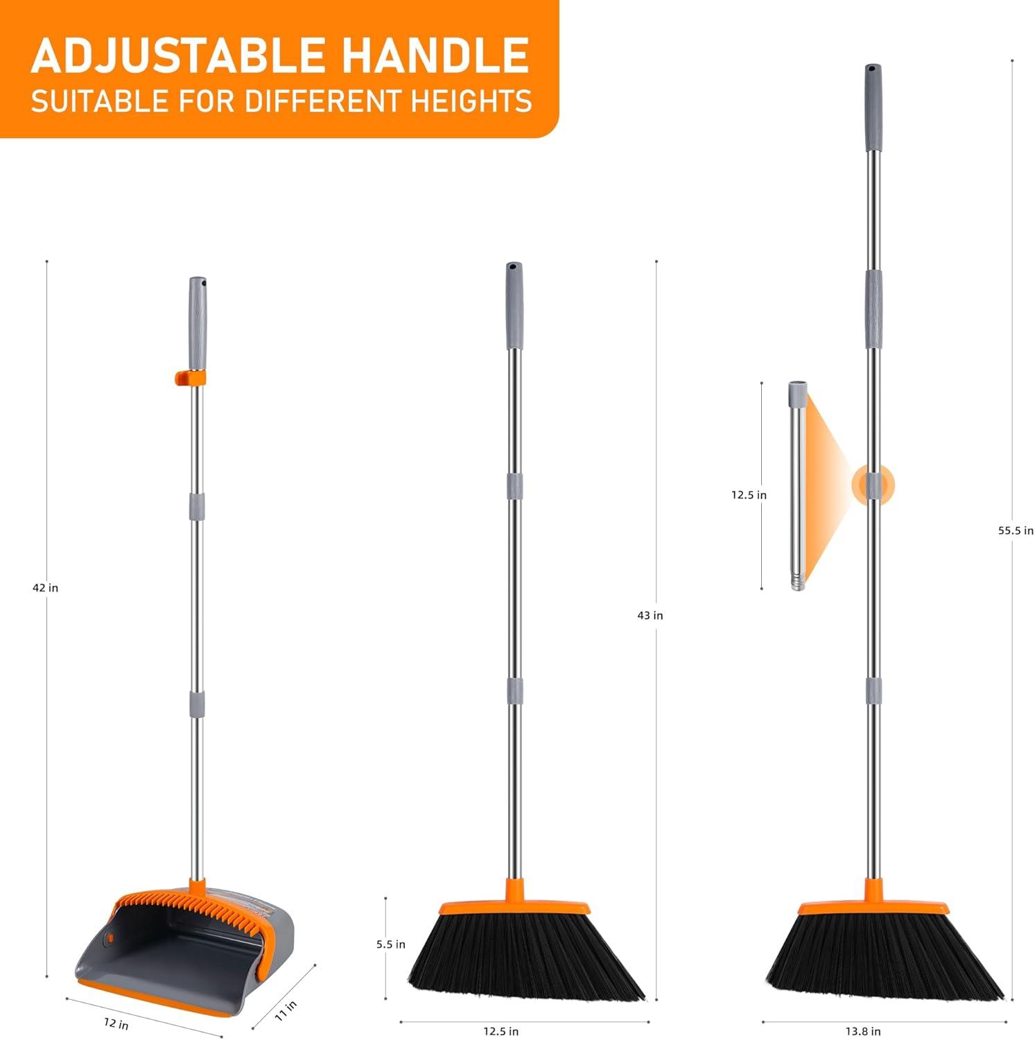 Adjustable Stainless Steel Broom and Dustpan Set with Orange Handle