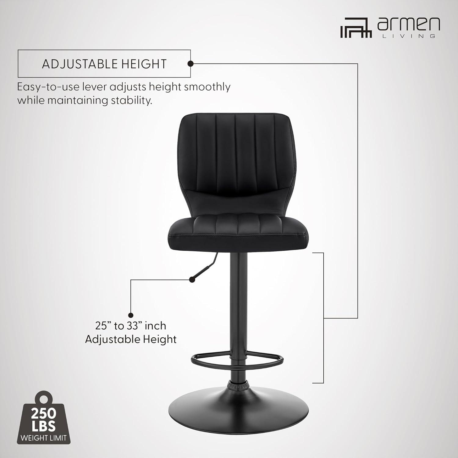 Bardot Adjustable Barstool with Faux Leather and Metal Finish Black - Armen Living: Swivel, Hydraulic Lift, 360-Degree Function