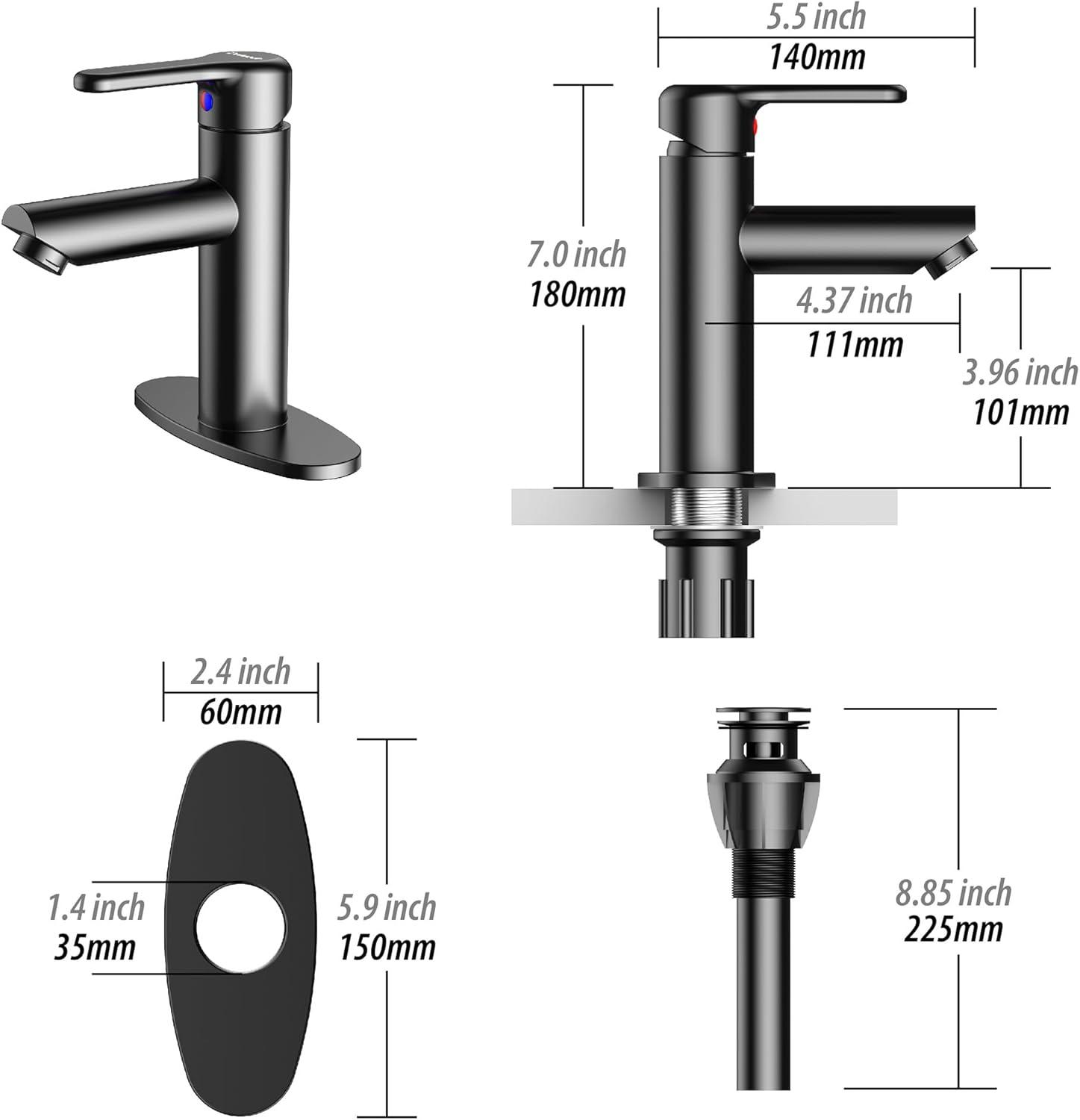 Bathroom Sink Faucet One Hole,Lavatory Tap for Basin,Matte Black Bathroom Sink Faucet with Metal Pop Up Drain Assembly， Bathroom Faucet 1 Hole with 3 Hole Deck Plate