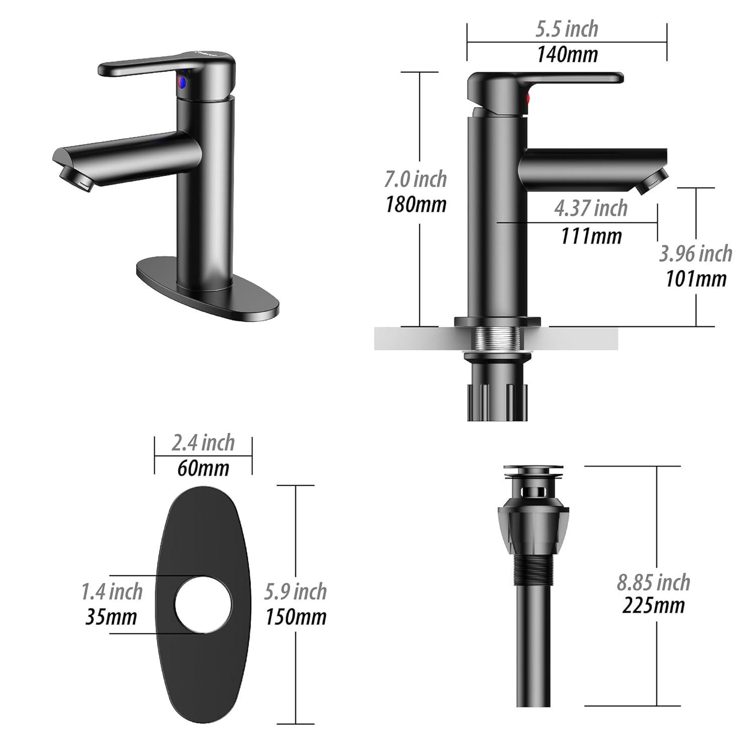 Bathroom Sink Faucet One Hole,Lavatory Tap for Basin,Matte Black Bathroom Sink Faucet with Metal Pop Up Drain Assembly， Bathroom Faucet 1 Hole with 3 Hole Deck Plate