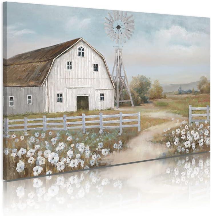 Rustic White Barn and Windmill Canvas Wall Art