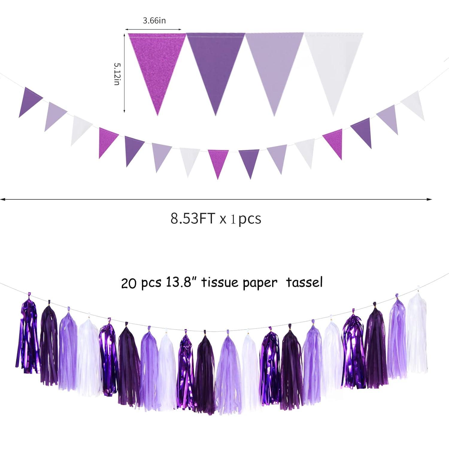 Purple White Lavender Party-Decorations Streamers - 28pcs Tissue Pom Poms,Women Girl Birthday Supplies Tassel Garland Banner,Baby Bridal Shower Wedding Engagement Bachelorette Graduation Decor Lasting Surprise