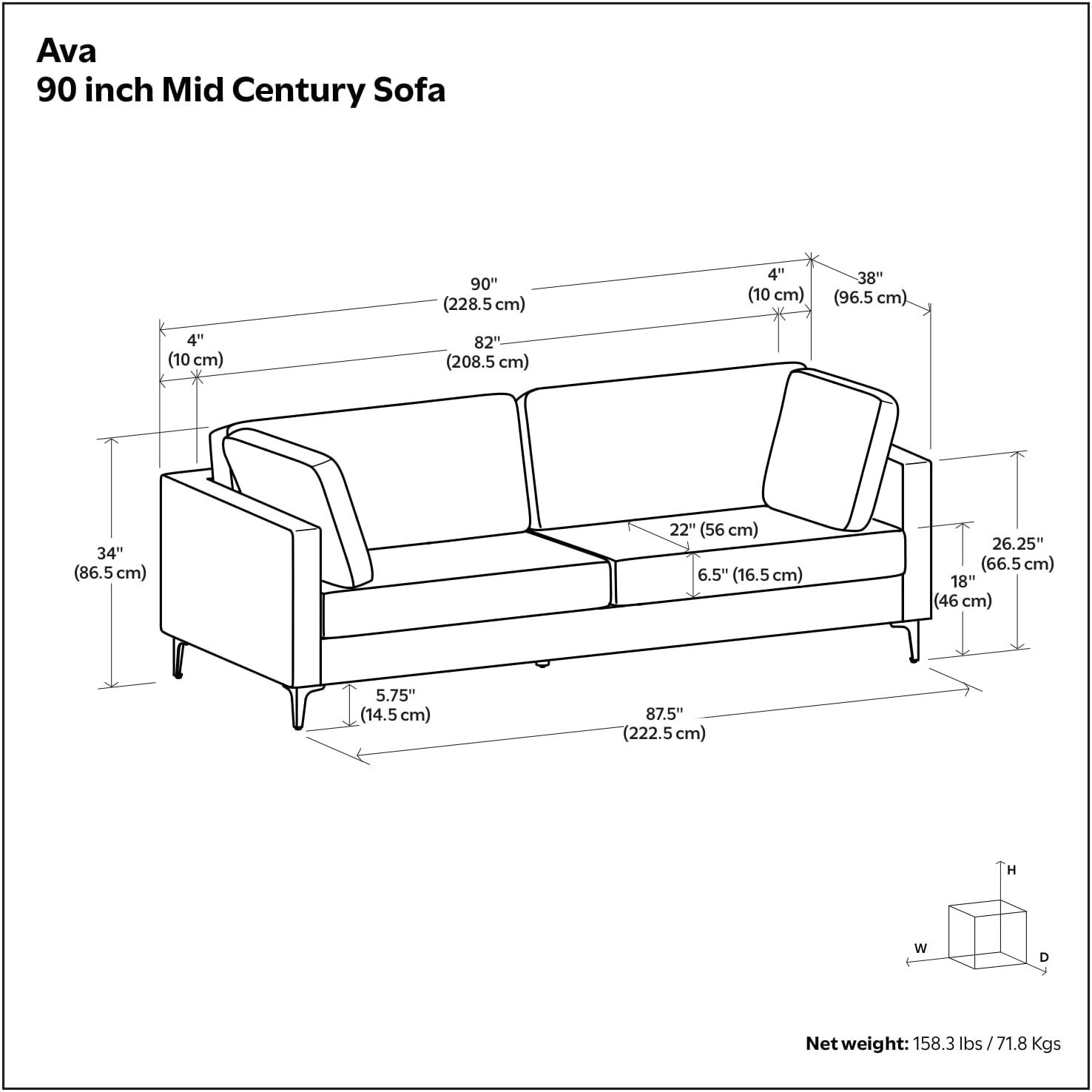 Simpli Home Ava 90-inch Mid Century Sofa, Large Performance Fabric Couch for Living Room, Water-Repellent, Stain-Resistant, Reversible Cushions