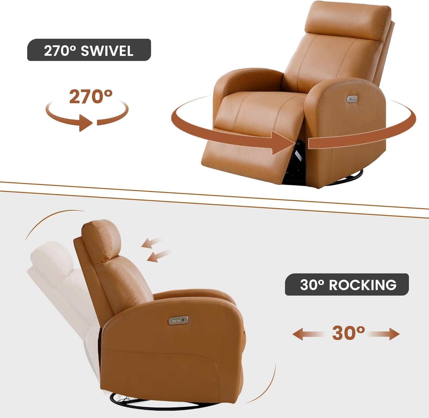 Swivel Rocker Recliner Chair, Manual Leather Recliner, Glider Rocking Recliner Chair 360°Swivel Nursery Reclining Chair with Adjustable Headrest/Highback for Living Room, Brown