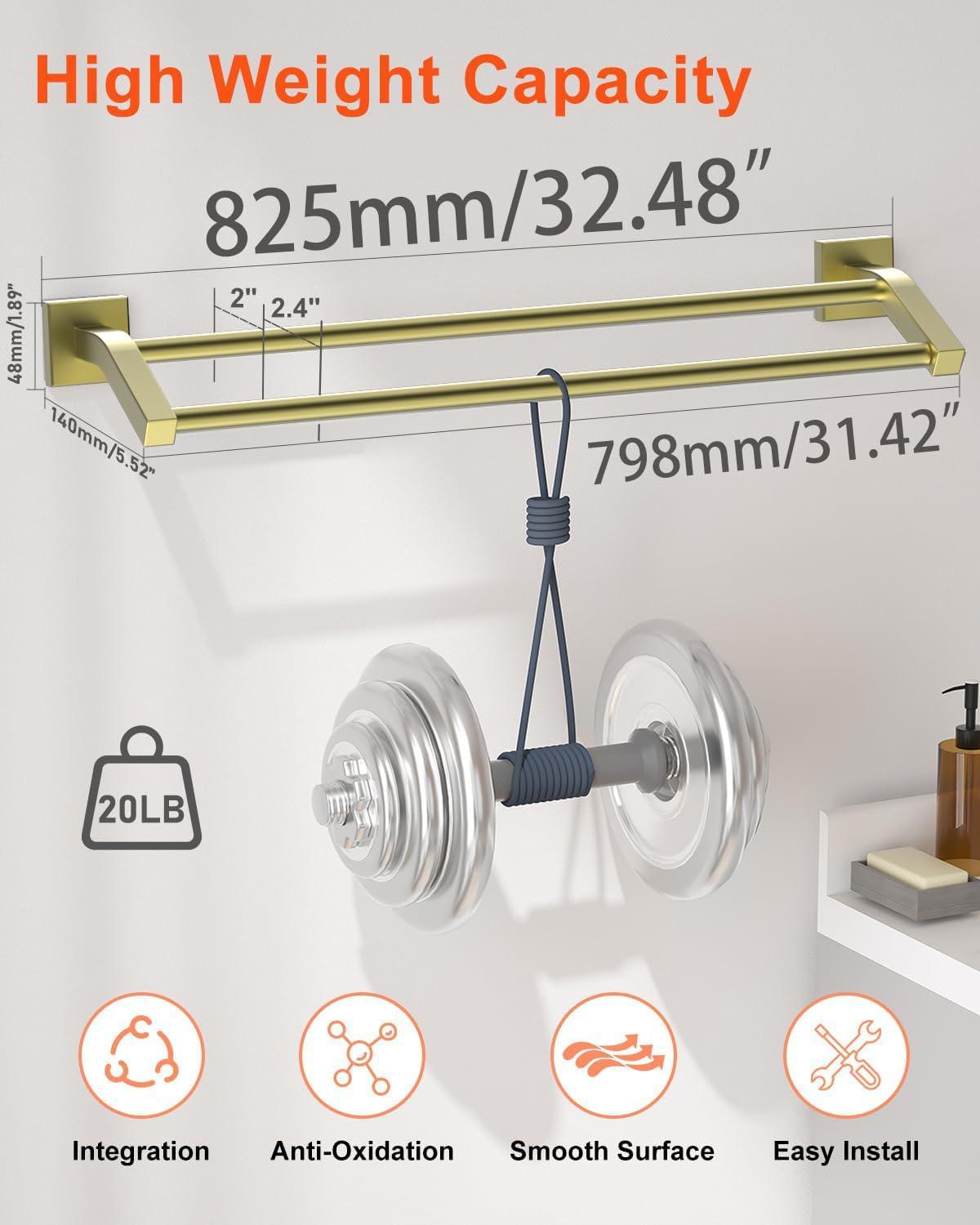 Alise Bath Double Towel Bars Towel Racks for Bathroom,Wall Mount Towel Holder Heavy Duty SUS304 Stainless Steel Towel Hanger Rail,GK9800-G Gold Finish 32-Inch