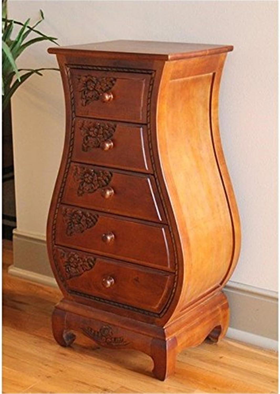 Hand Carved Walnut Stain Hardwood 5-Drawer Bombay Chest