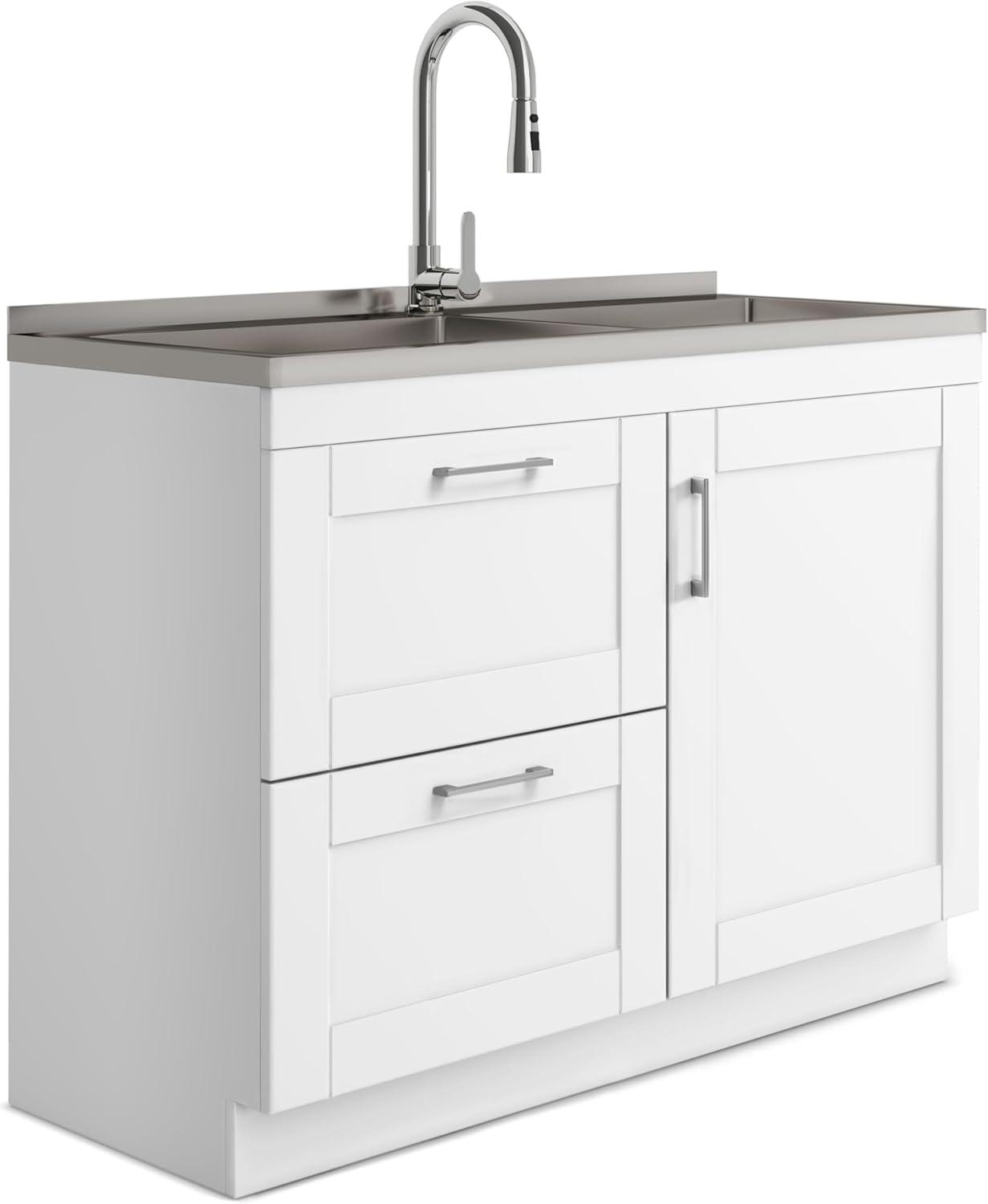 Modern Wide Shaker 46"W Utility Sink & Laundry Cabinet with High-Arc Facet and Stainless Steel Sink, White