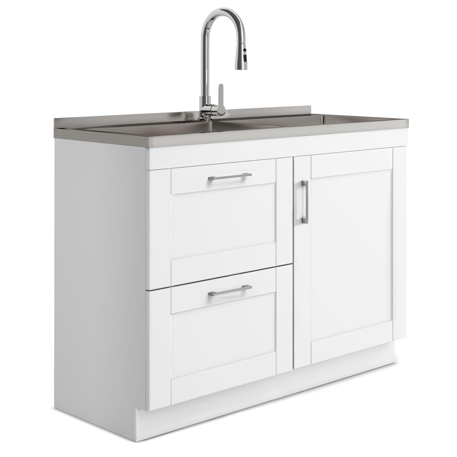 Modern Wide Shaker 46"W Utility Sink & Laundry Cabinet with High-Arc Facet and Stainless Steel Sink, White