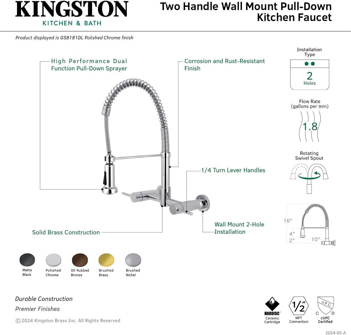 Kingston Brass Concord Double-Handle 2-Hole Wall-Mount Pre-Rinse Bridge Kitchen Faucet