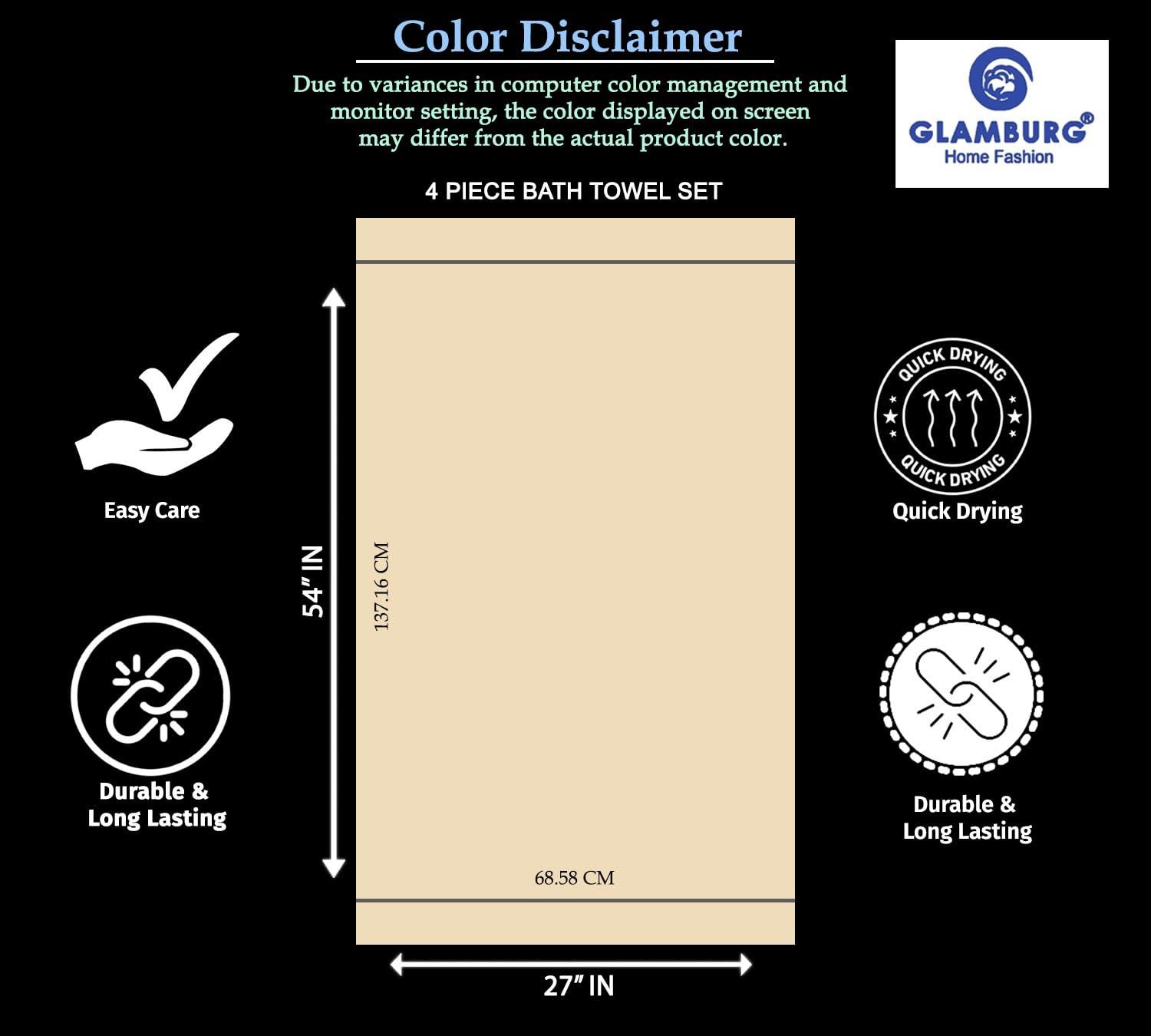 GLAMBURG Premium Cotton 4 Pack Bath Towel Set - 100% Pure Cotton - 4 Bath Towels 27x54 - Ideal for Everyday use - Ultra Soft & Highly Absorbent - Black