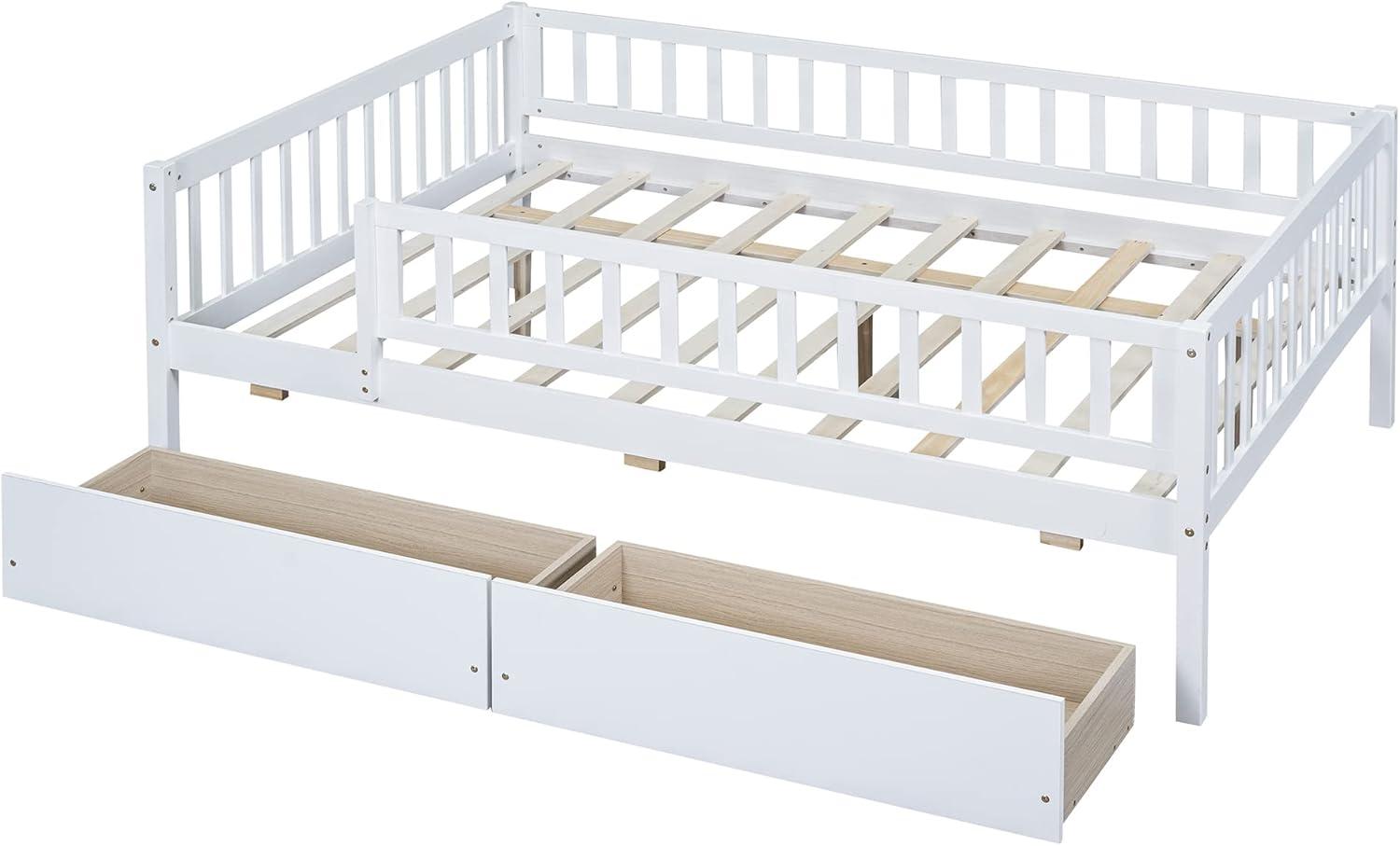 DEINPPA Full Bed with Drawers, Kids Daybed with Storage, Wooden Bed Frame with Slat for Kids Children Toddlers Boys Girls-White