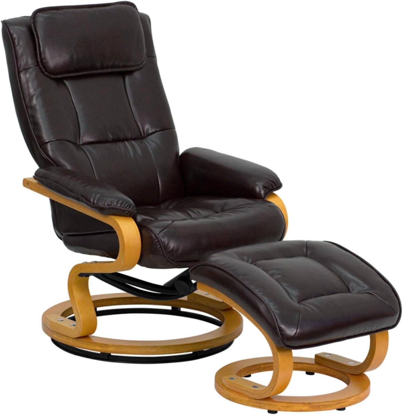 Brown Leather Swivel Recliner with Wood Frame