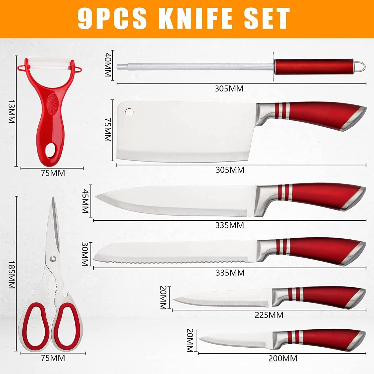 Kitchen Knife Set, 9-Pieces Red Coated Knife Block Set, Stainless Steel Chef knife Set with Sharpener Peeler Scissors, Sharp Non-Stick Knives Set with Rotatable Holder for Cutting Slicing Dicing