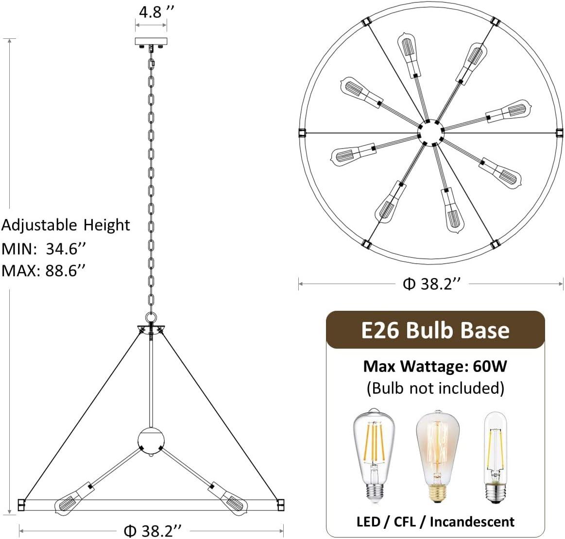 8-Light Farmhouse Black Wagon Wheel Chandelier with Adjustable Chain for Study Dining Room Kitchen