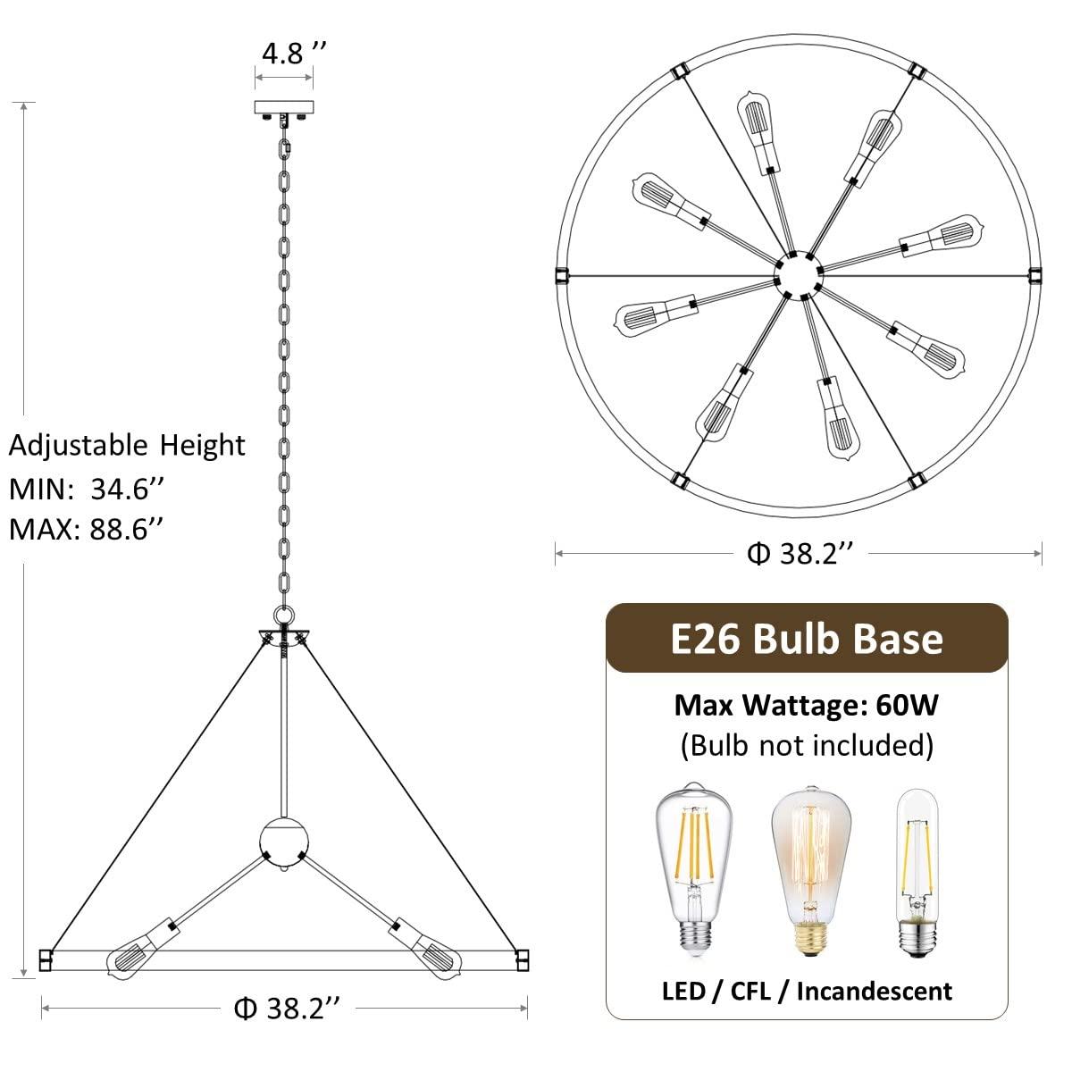 8-Light Farmhouse Black Wagon Wheel Chandelier with Adjustable Chain for Study Dining Room Kitchen
