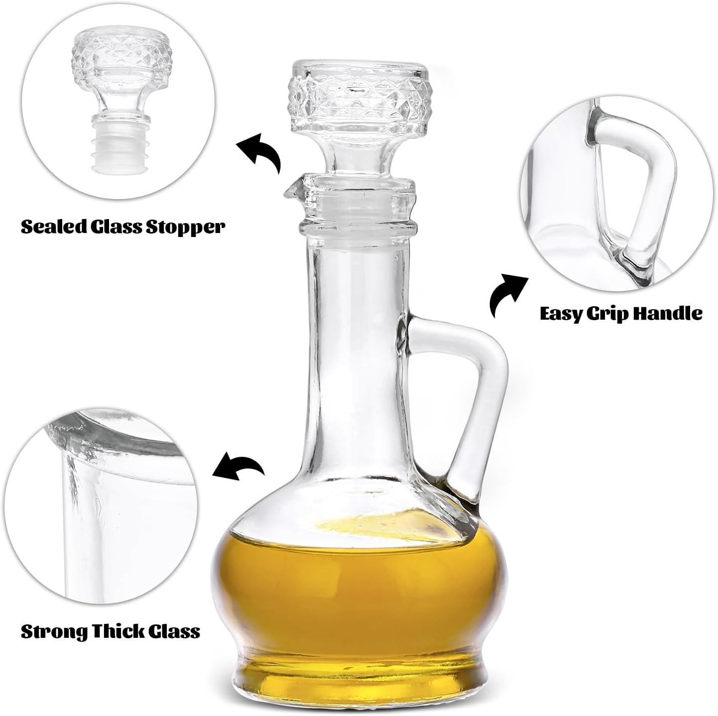 Cornucopia Brands 8oz Glass Oil and Vinegar Cruets (Set of 2); Round Oil Dispensers / Salad Dressing Bottles w/ Stoppers
