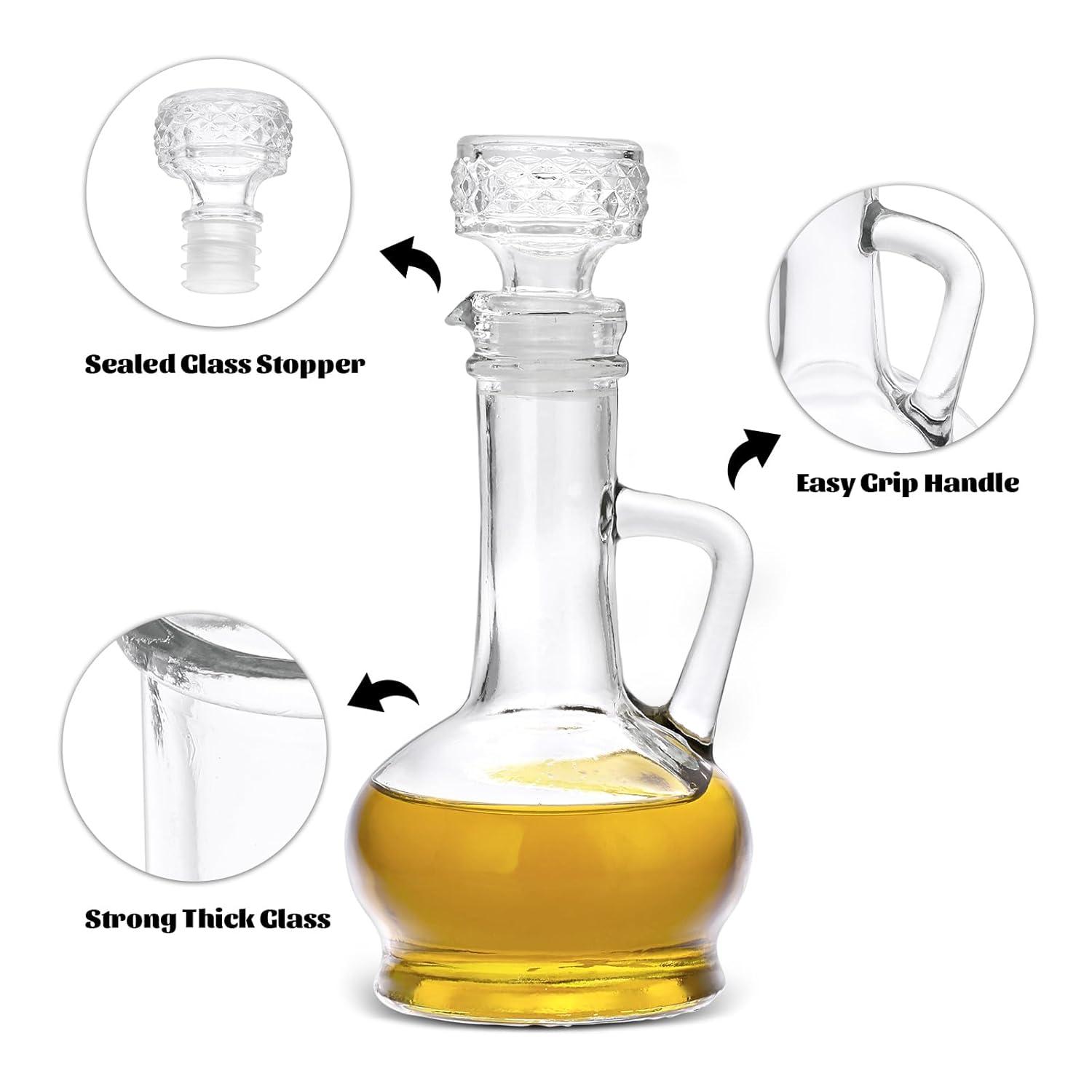 Cornucopia Brands 8oz Glass Oil and Vinegar Cruets (Set of 2); Round Oil Dispensers / Salad Dressing Bottles w/ Stoppers