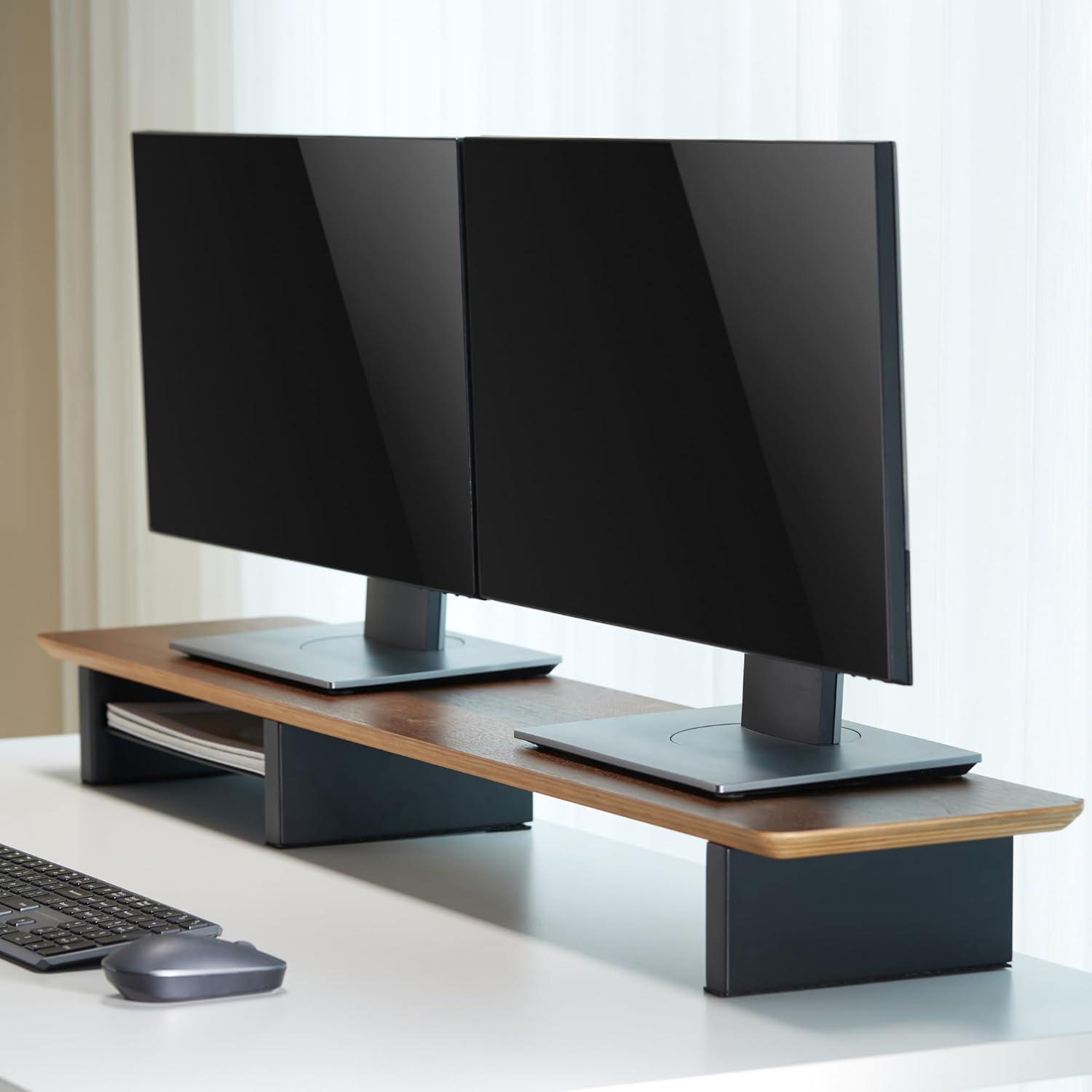 Walnut Monitor Stand for Desk (44 Inch) Large Monitor Stands for 2 Monitors, Desk Shelf for Top of Desk Walnut Monitor Shelf