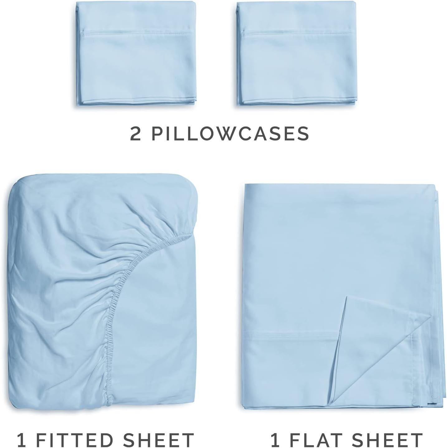 CGK Linens 100% Cotton 400 Thread Count 4 Piece Sheet Set - Soft & Cozy Sateen Bed Sheets in Light Blue, Size Queen